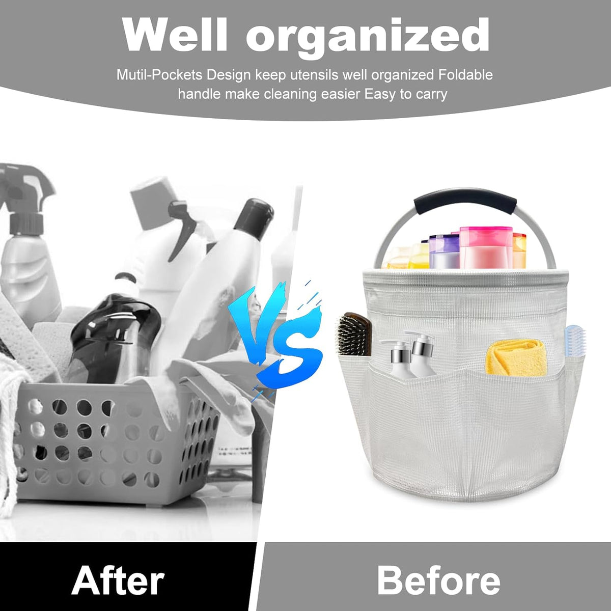 Qivine 17L Cleaning Caddy with Handle, Cleaning Supply Caddy Foldable Tool Bag Cleaning Products