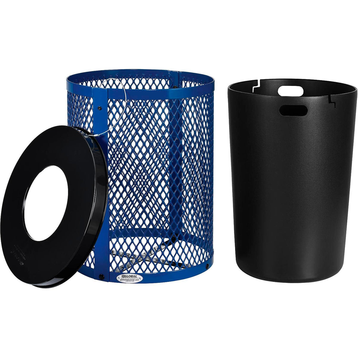 Global Industrial Outdoor Diamond Steel Trash Can with Flat Lid and Plastic Liner, 36 Gallon