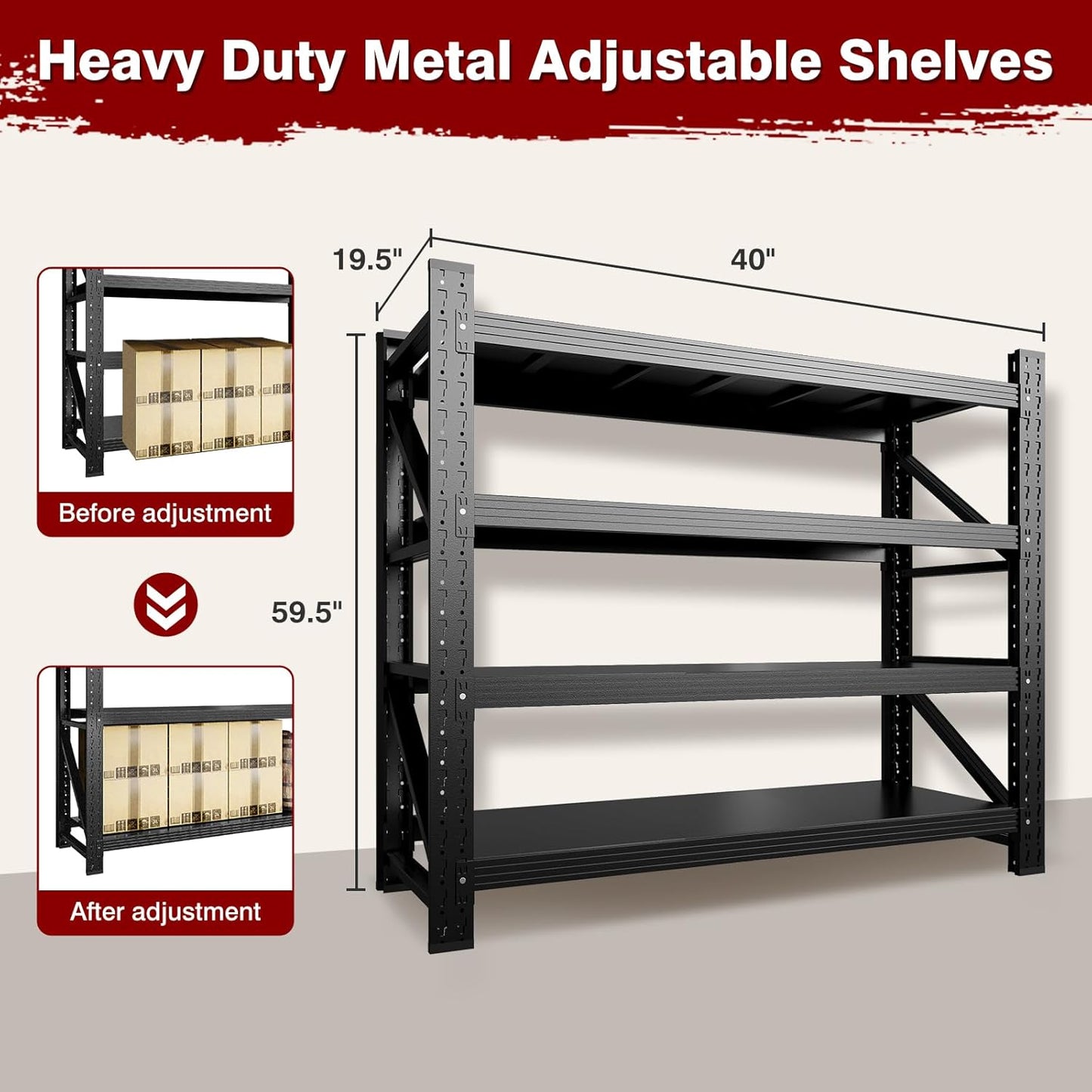 3000LBS Metal Steel Storage Shelves - 40" W Black 4 Tier Heavy Duty Rack Commercial Industrial