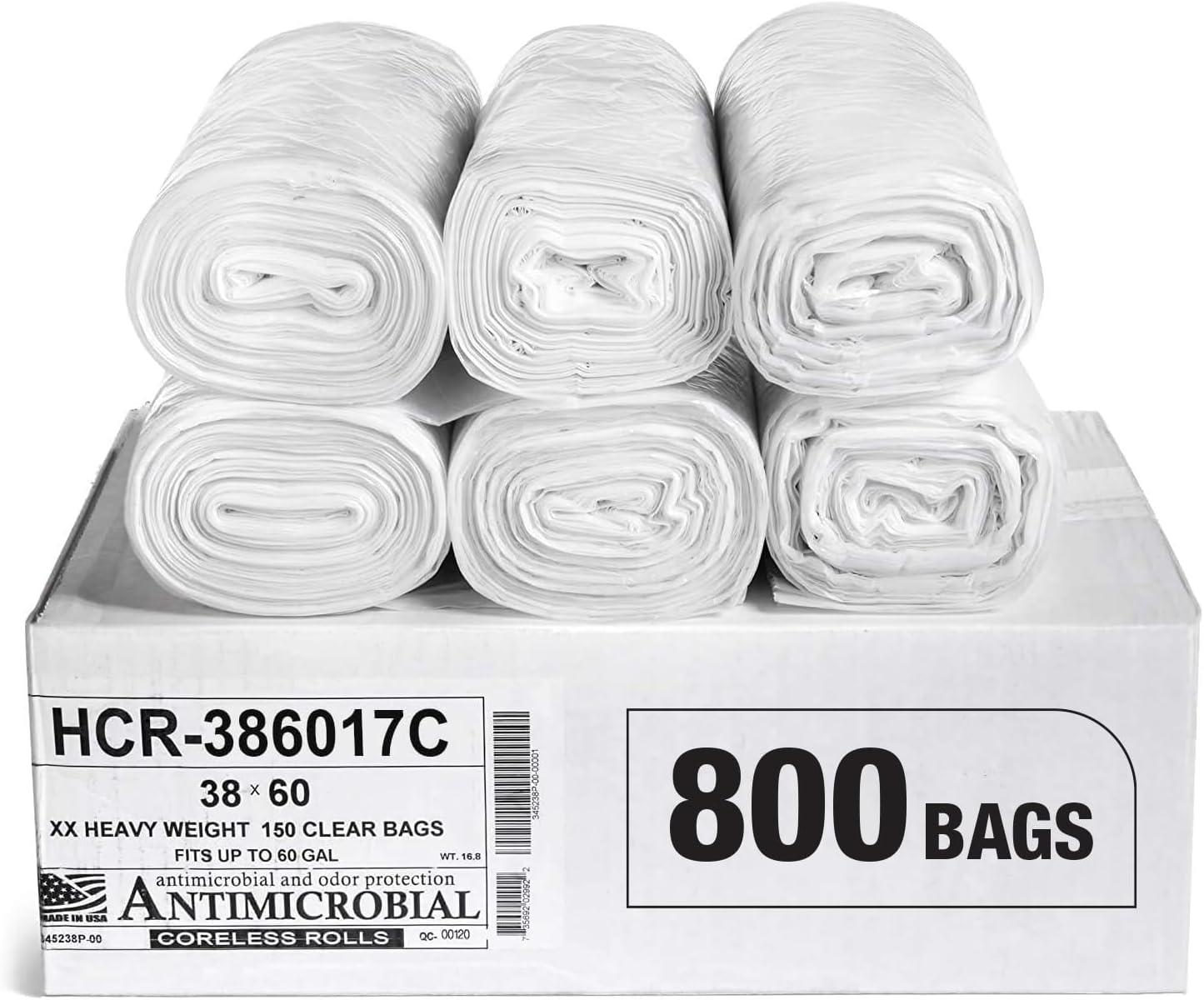 Aluf Plastics High Density Trash Bags, 60 Gallon, 800 Count, 17 Micron (eq), 38" x 60", Clear, for