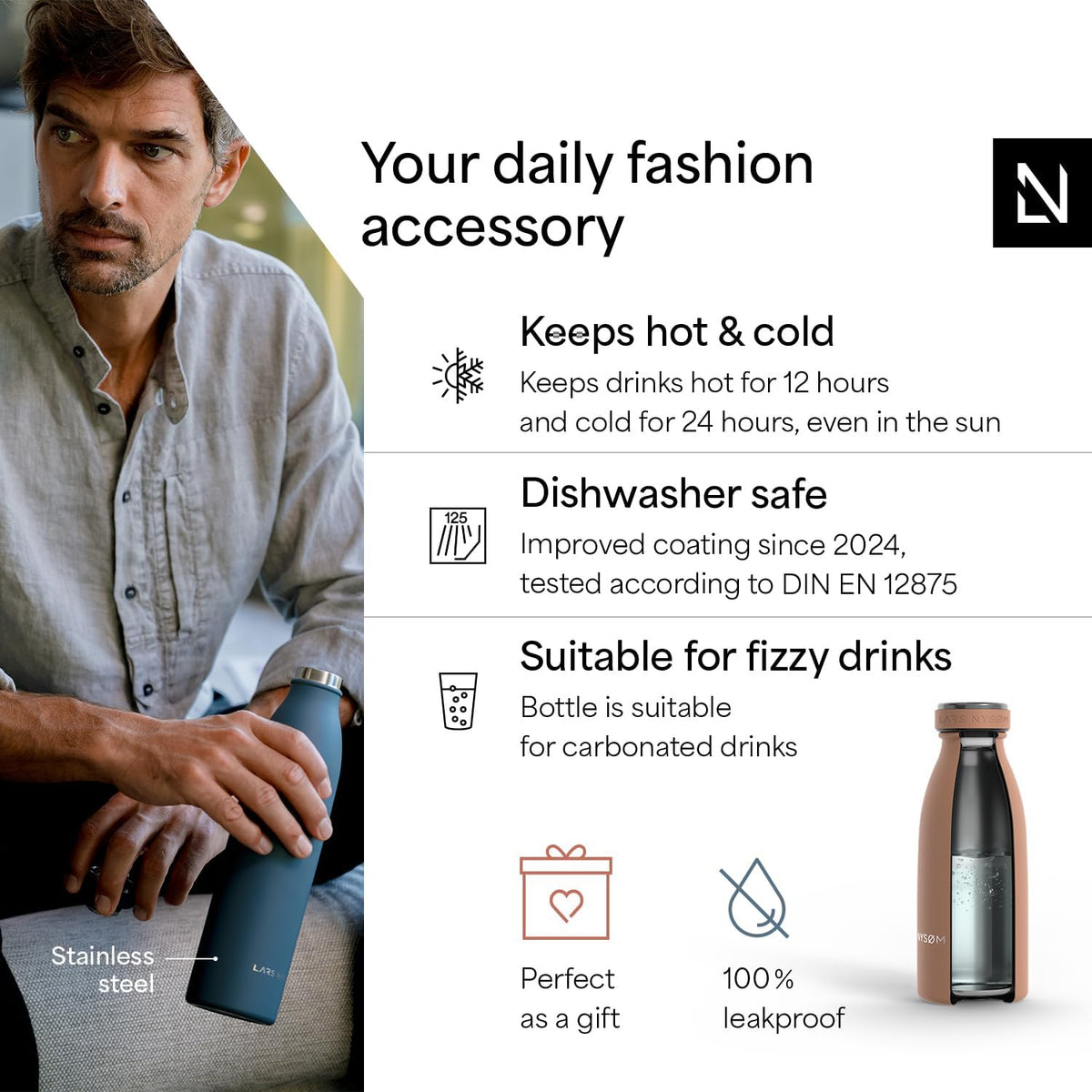 LARS NYSØM Stainless Steel Insulated Water Bottle 12oz 17oz 25oz 34oz 51oz | Insulated Thermo Flask