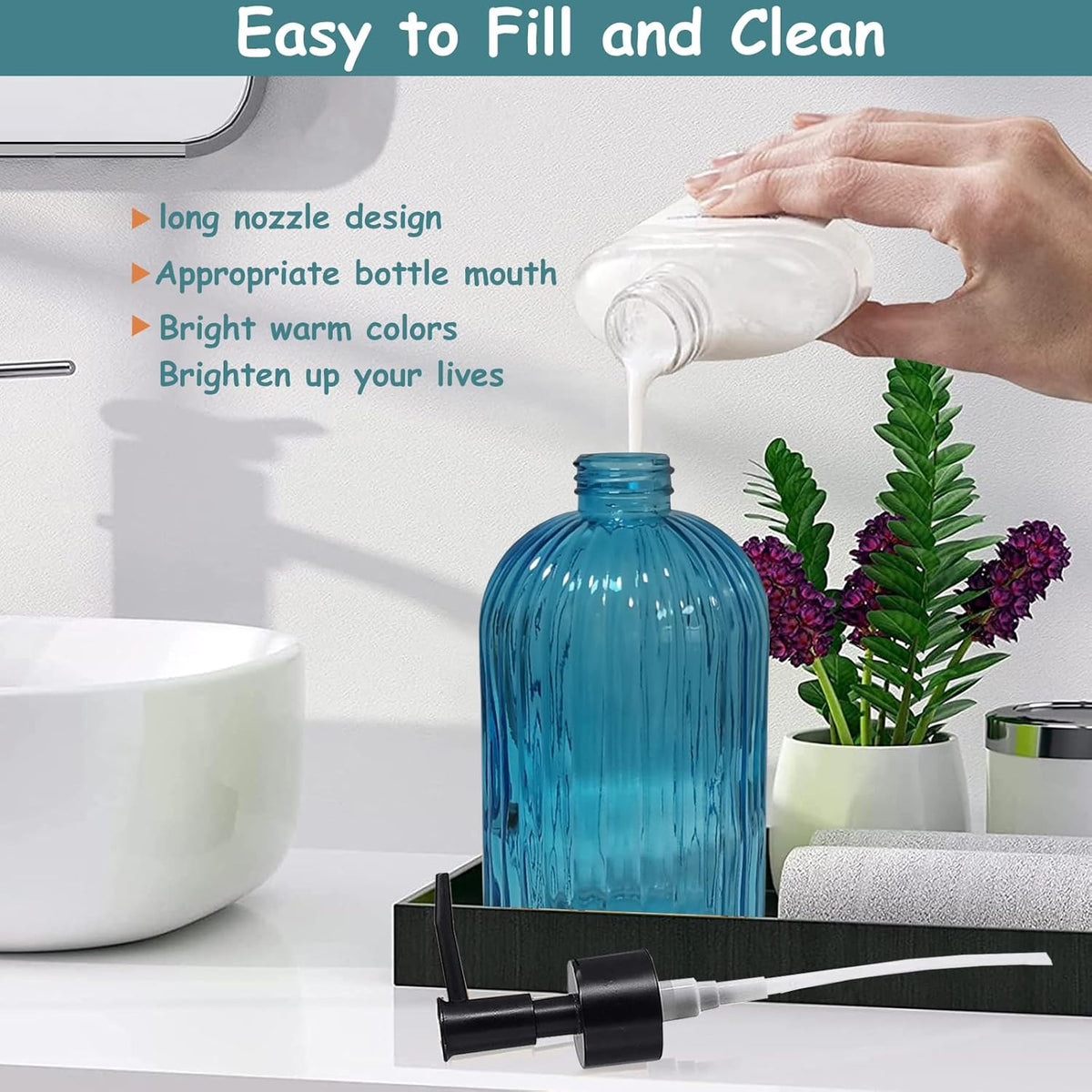 Blue Glass Soap Dispenser Set with Black Pump, 13.5oz Refillable Hand Dispenser, Lotion Dish Soap