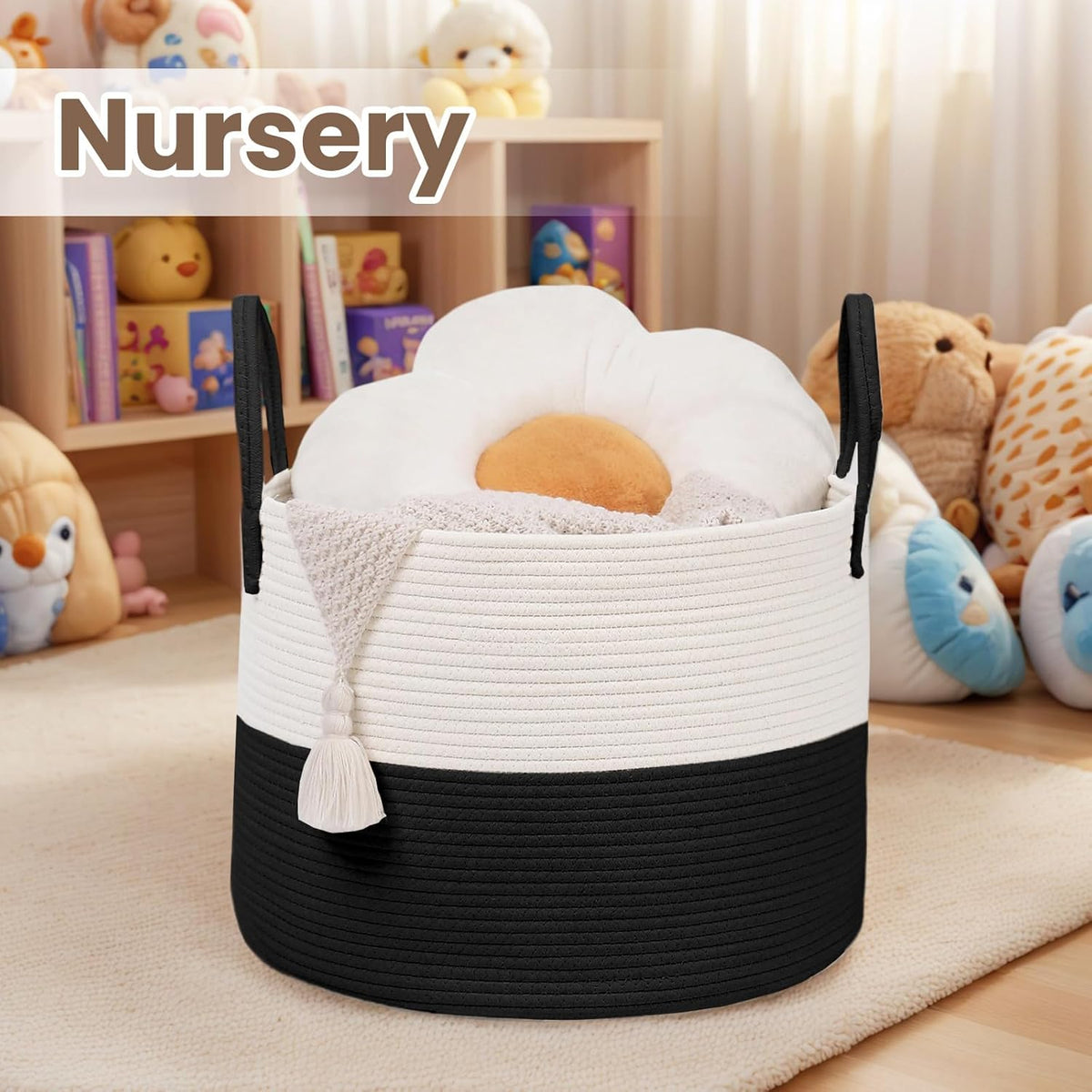 Woven Blanket Basket,65L Large Rope Storage Bin with Handles, Organizer for Blankets Toys Book and
