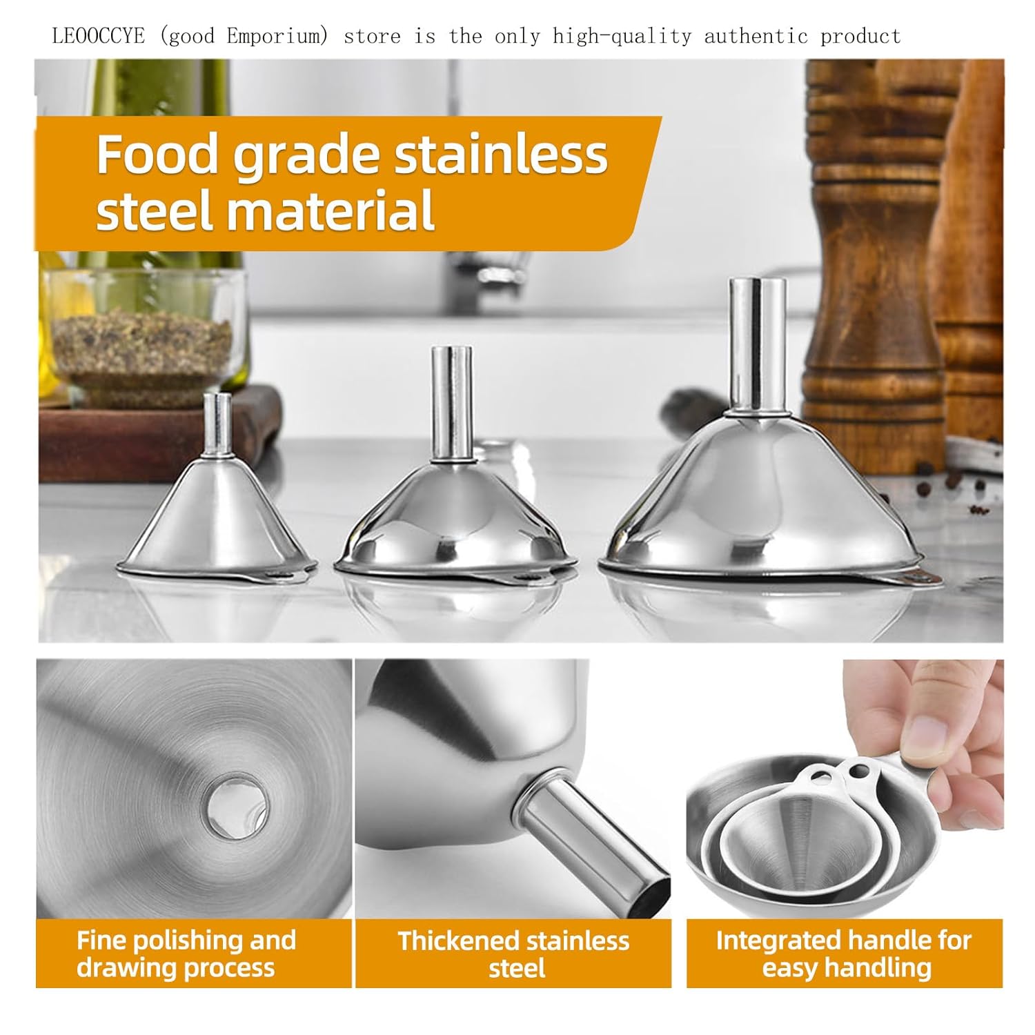 3 Pcs Stainless Steel Kitchen Funnel Made of Food-Grade Stainless Steel That withstands high and