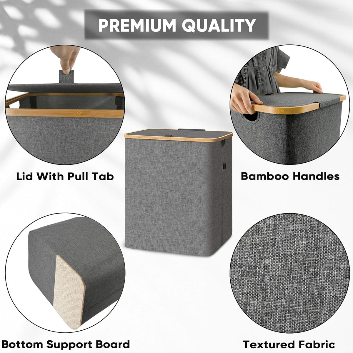 BALEINE Laundry Hamper with Lid, Tall Laundry Baskets with Bamboo Pull Handles, Large Laundry Bin
