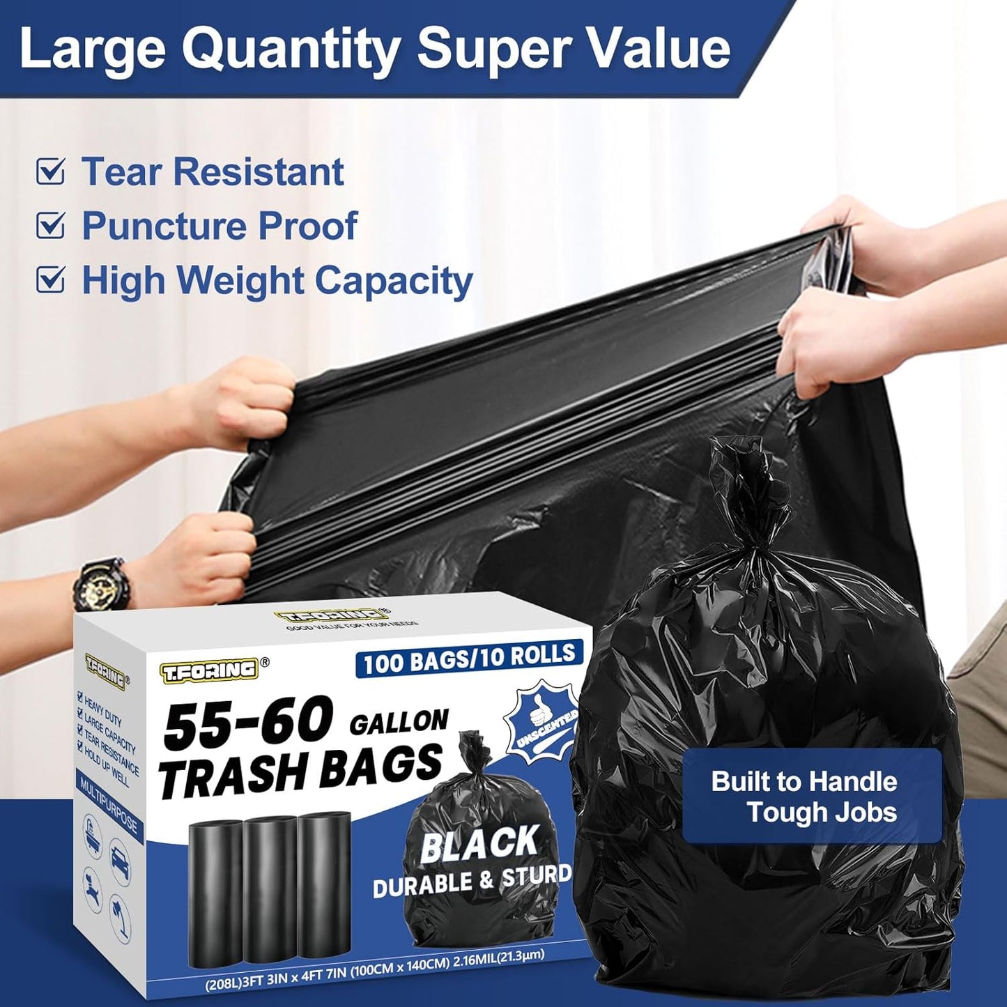 55-60 Gallon Trash Bags Heavy Duty 2.1 Mil - 39''x55'' 100 Count Extra Thick Black Garbage Bags