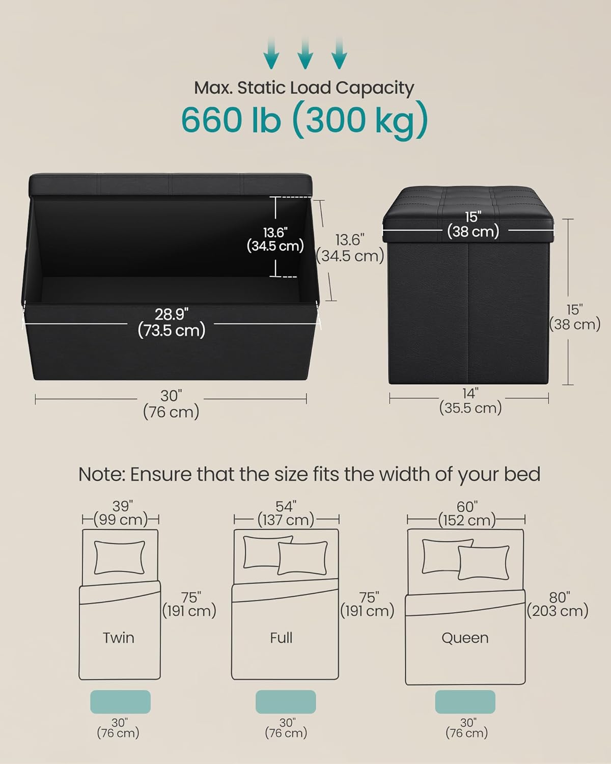 SONGMICS MAZIE Collection - 30 Inches Folding Storage Ottoman Bench, Ottoman with Storage, Foot