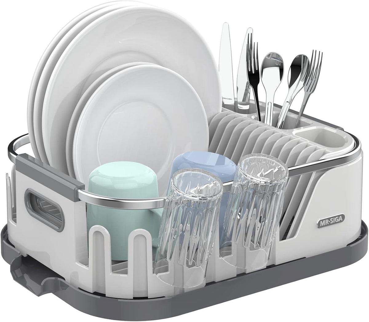 MR.SIGA Dish Drying Rack for Kitchen Counter, Compact Dish Drainer with Drainboard, Utensil Holder