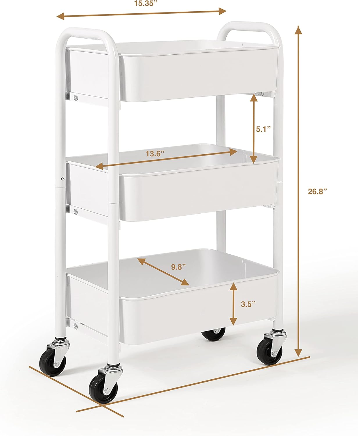 SunnyPoint 3-Tier Delicate Compact Rolling Metal Storage Organizer - Mobile Utility Cart