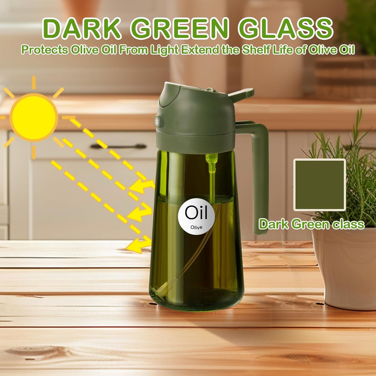 YARRAMATE 16oz/470ml Dark Green Oil Sprayer for Cooking with Stickers, Food-grade Premium 2 in 1