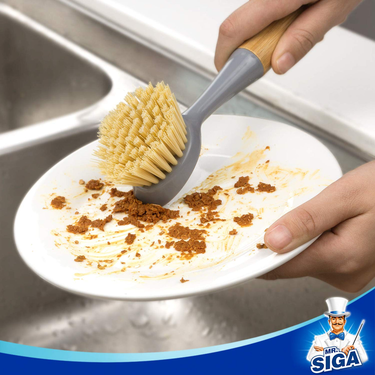 MR.SIGA Dish Brush with Bamboo Handle Built-in Scraper, Pack of 2