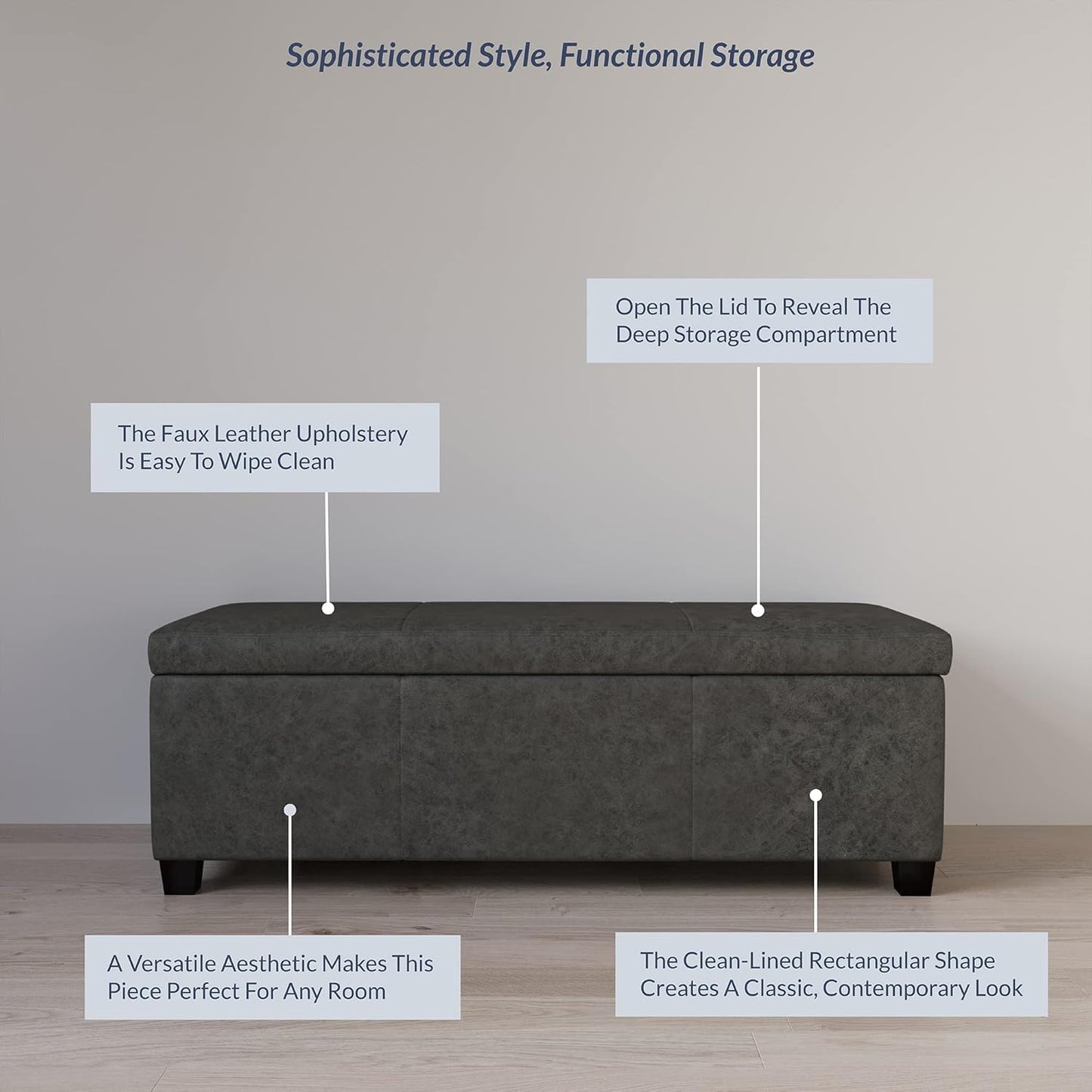 BELLEZE Storage Faux Leather Ottoman, 47 Inch Bench Bedroom Bench with Safety Close Hinge, Extra