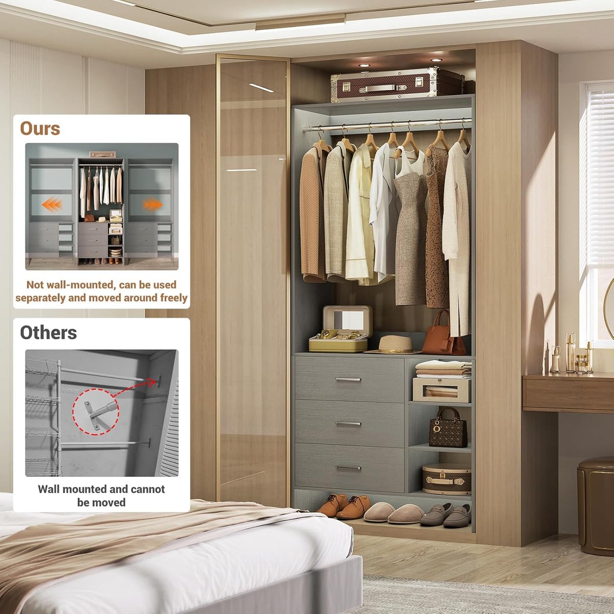 Aheaplus 2.5FT Closet System with 3 Drawers, 29.5’’ Closet Organizer, Wood Closet Organizer System