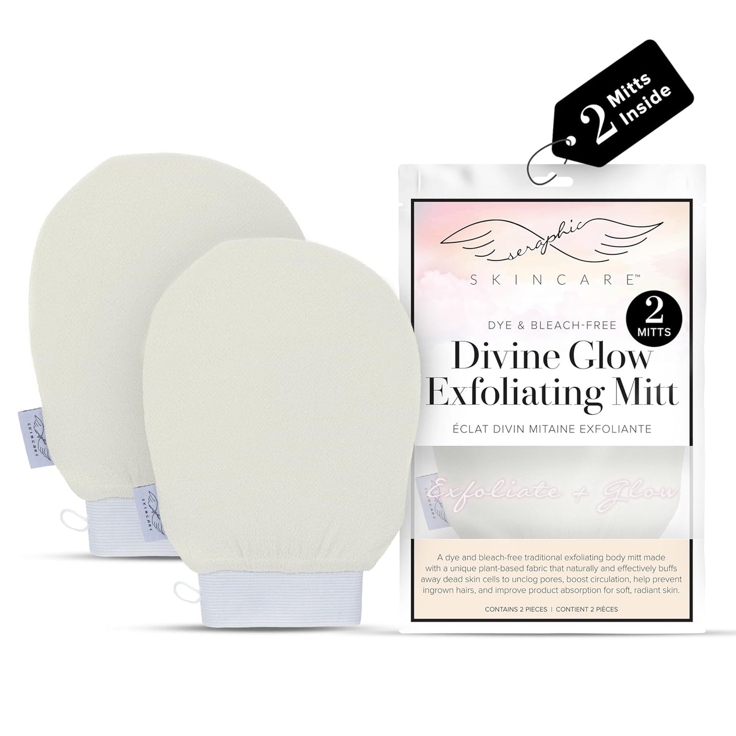 Seraphic Skincare (Original) Divine Glow Exfoliating Mitt (2pcs) – 100% Vegan Viscose Traditional