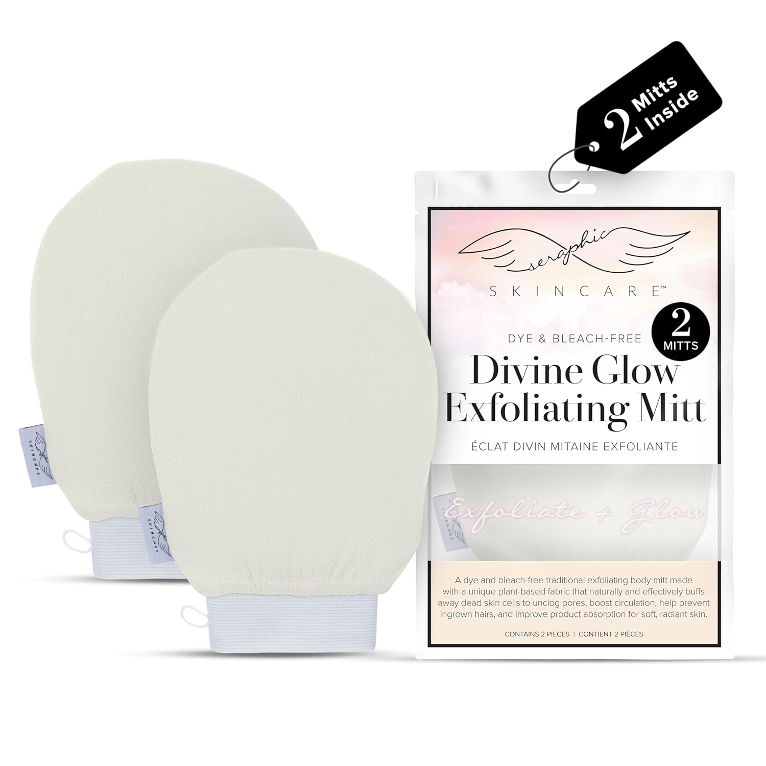 Seraphic Skincare (Original) Divine Glow Exfoliating Mitt (2pcs) – 100% Vegan Viscose Traditional