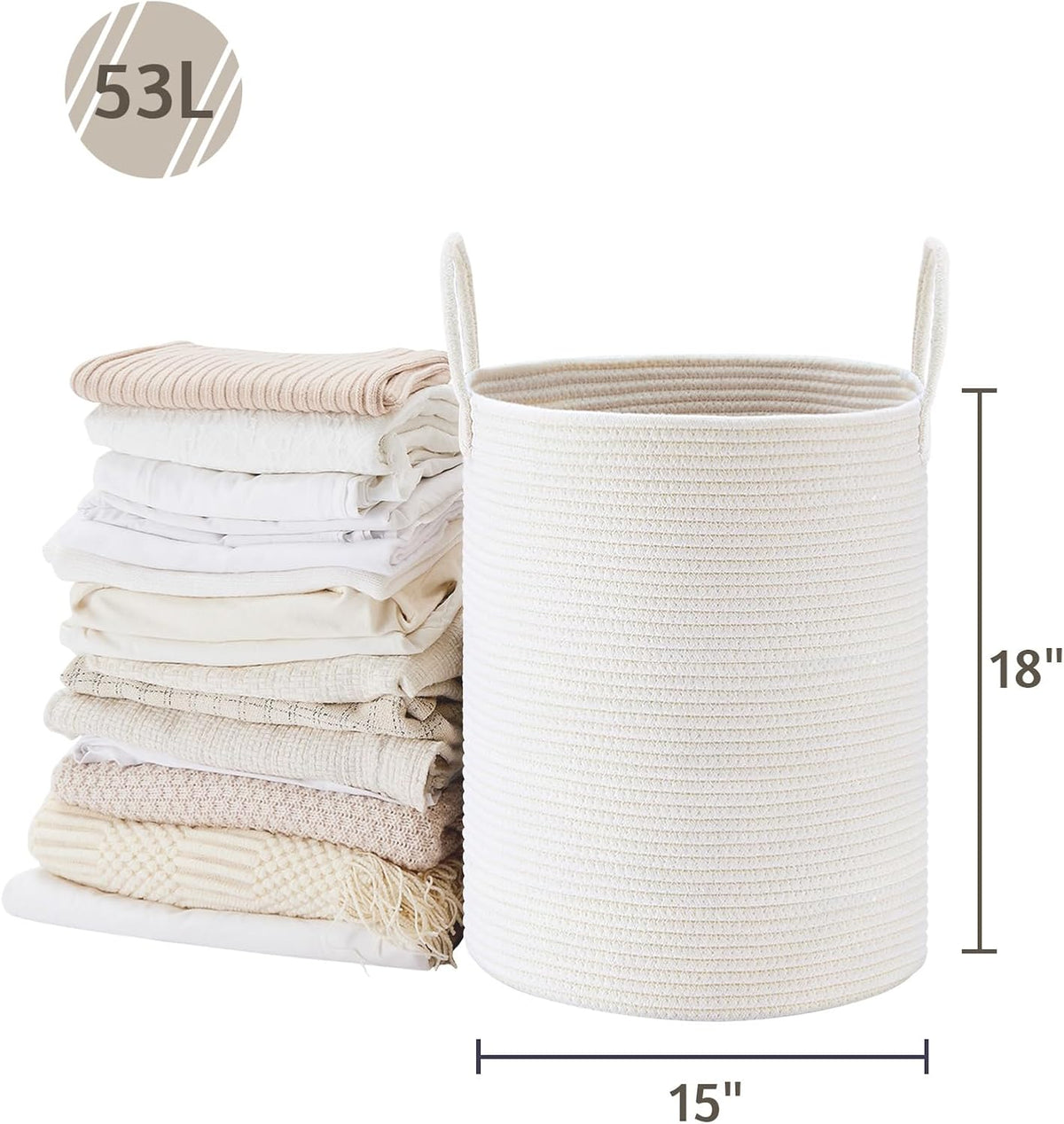 VIPOSCO Large Laundry Hamper, Tall Woven Rope Storage Basket for Blanket, Toys, Dirty Clothes in