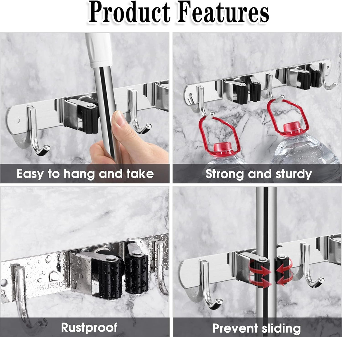 2 Racks and 3 Hooks Broom and Mop Holder Wall Mounted Garage Organizer Storage Tool Racks Stainless