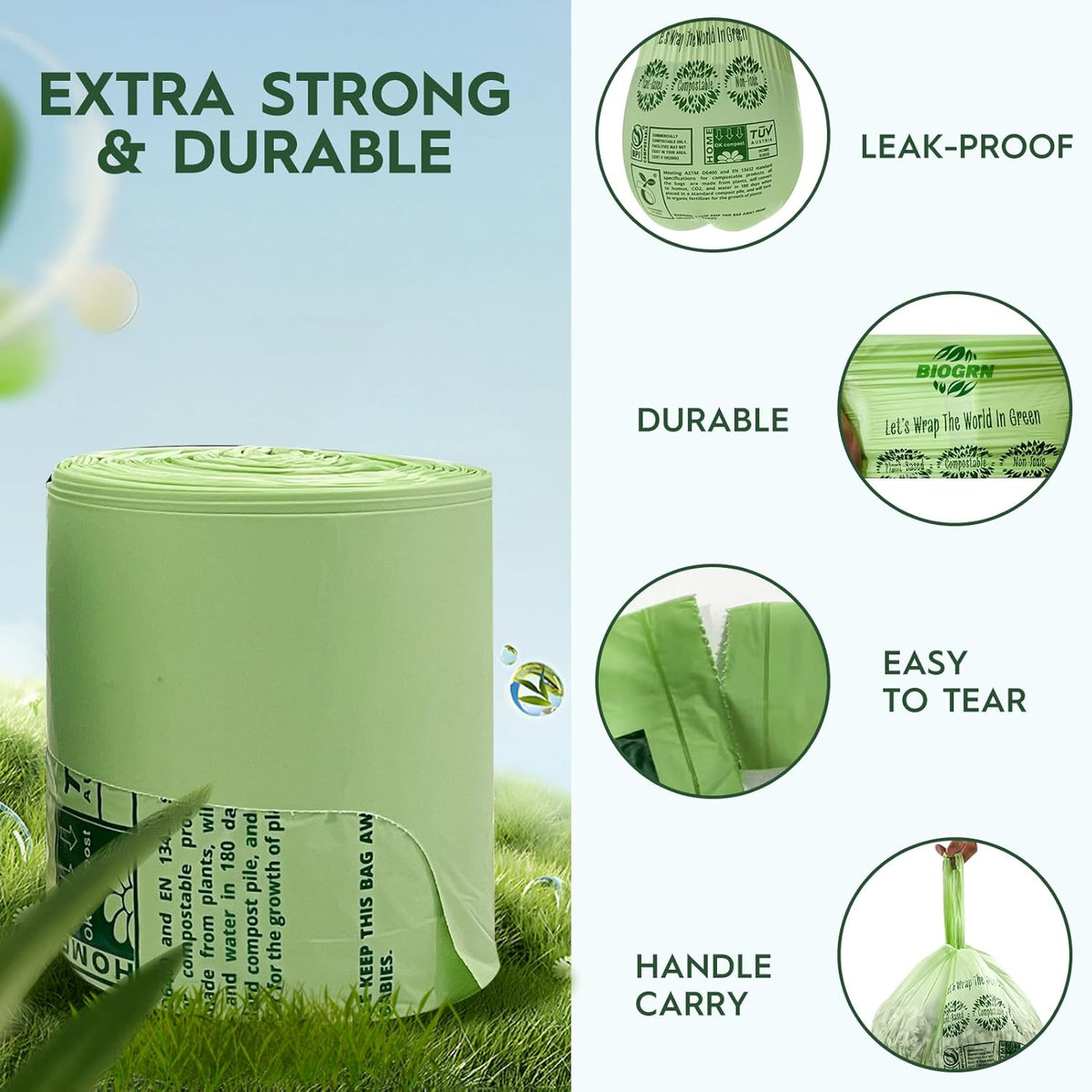 2.6-3 Gallon Compostable Trash Bags with Handles 80 Count 0.67 Mil 11.36 L Small Kitchen Wet Food