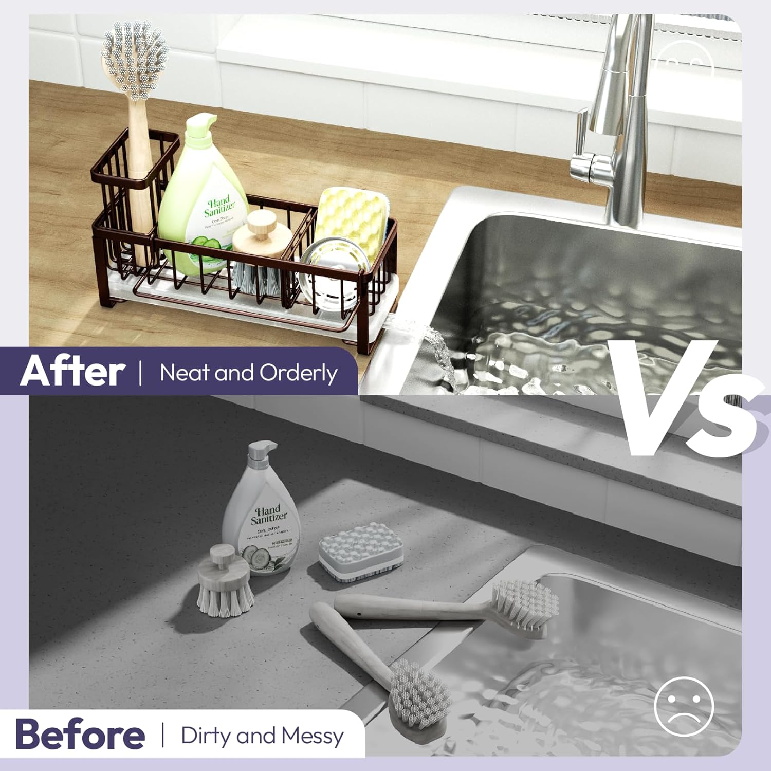 SWTYMIKI Sponge Holder for Kitchen Sink - Sink Caddy with Brush Holder Self-draining Sponge Caddy