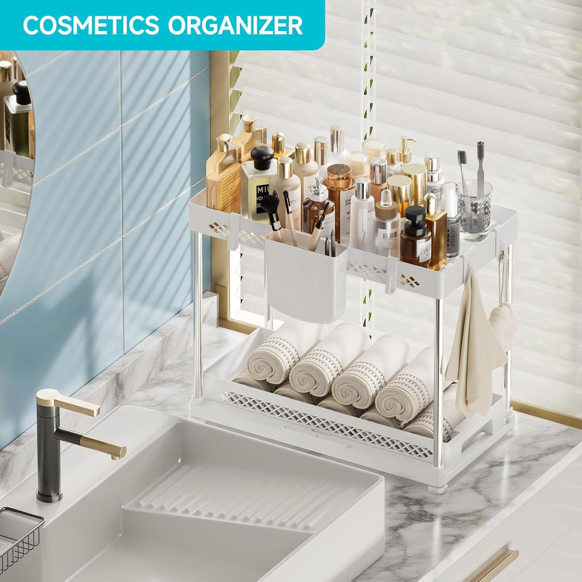 Under Sink Organizer, 2 Tier Pull Out Cabinet Organizer with Hooks Hanging Cup, Easy Installation &