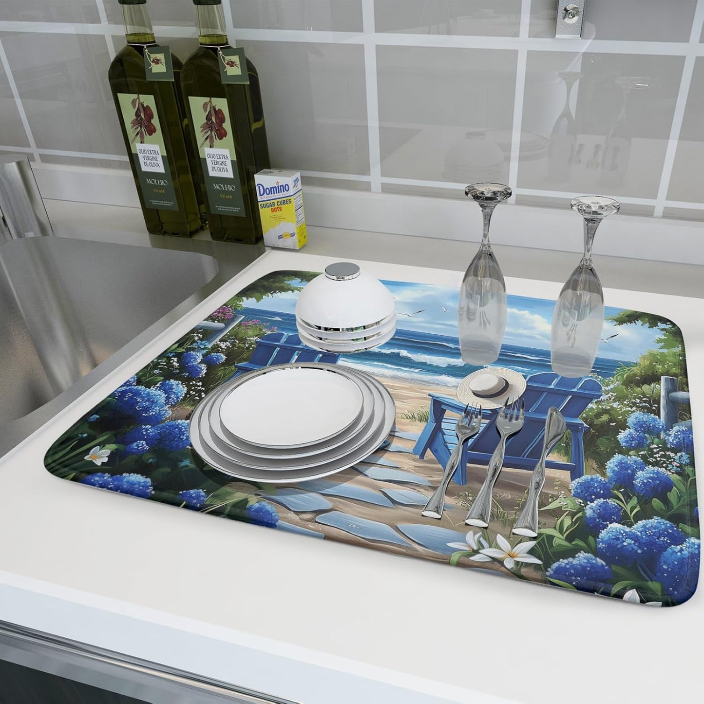 Summer Beach Chairs Dish Drying Mat Sea Wave Blue Floral Drying Mat fo Kitchen Counter 16”x18”