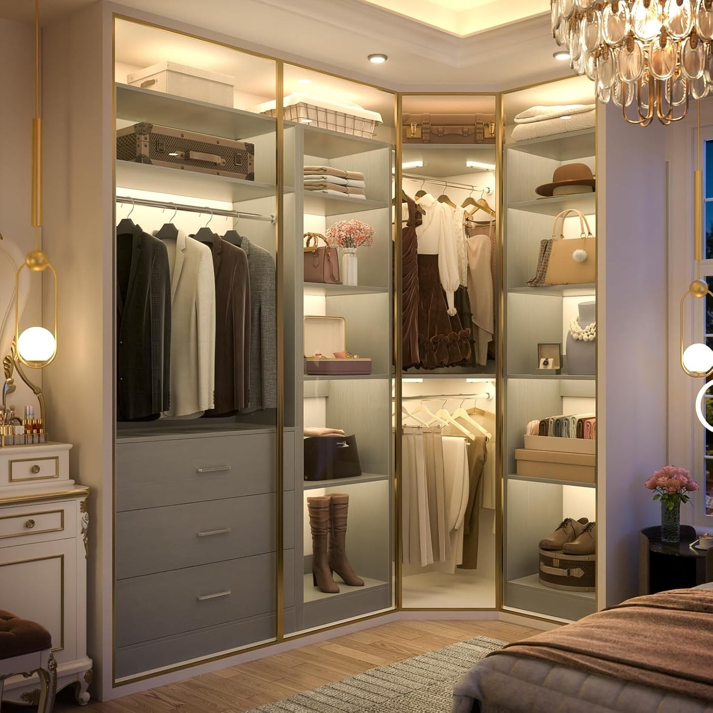 Corner Closet System with 3 Drawers, Corner Closet Organizer System with 13 Shelves & 3 Hanging