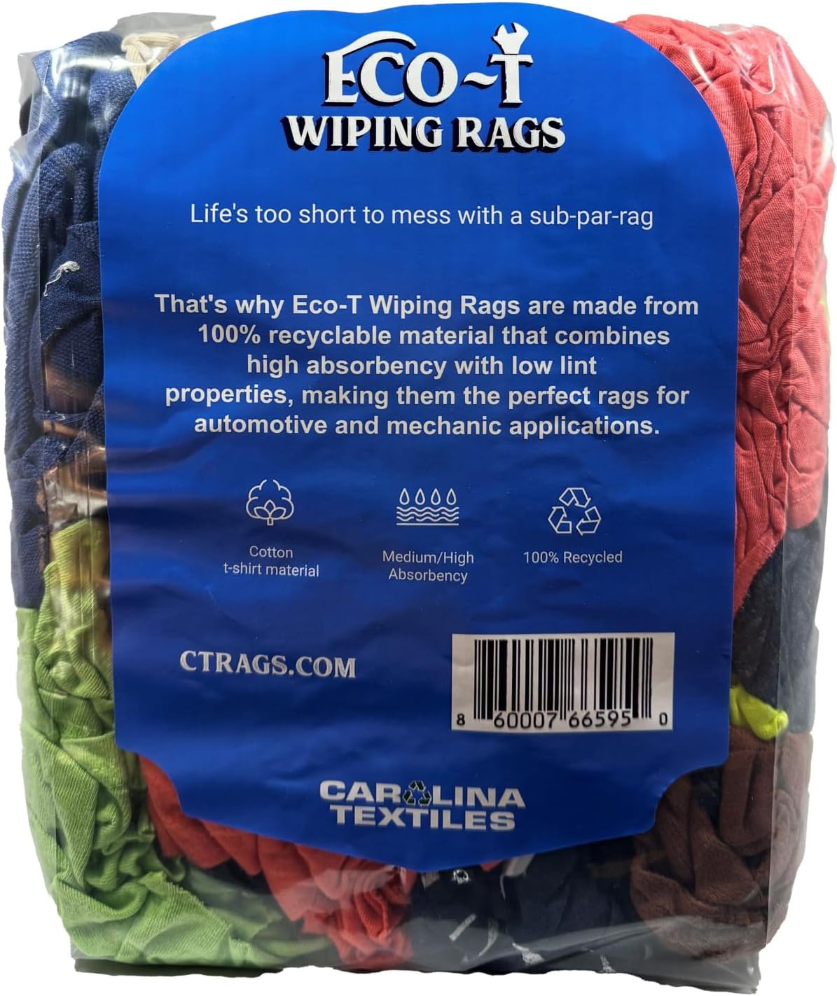 4 Lb Bag Eco-T Mechanic Shop Rags - Colored T-Shirt Material, 100% Recycled, Eco-Friendly, High