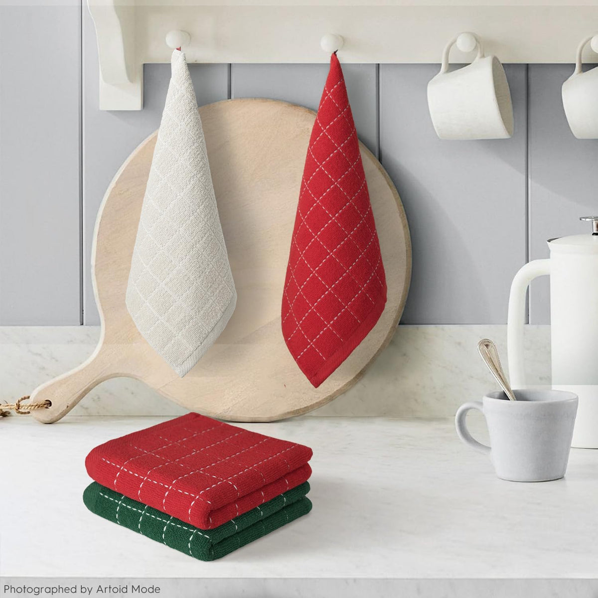 Artoid Mode Checkered Designed Cotton Terry Kitchen Dish Cloths, 12x12 Inch Soft Absorbent Quick