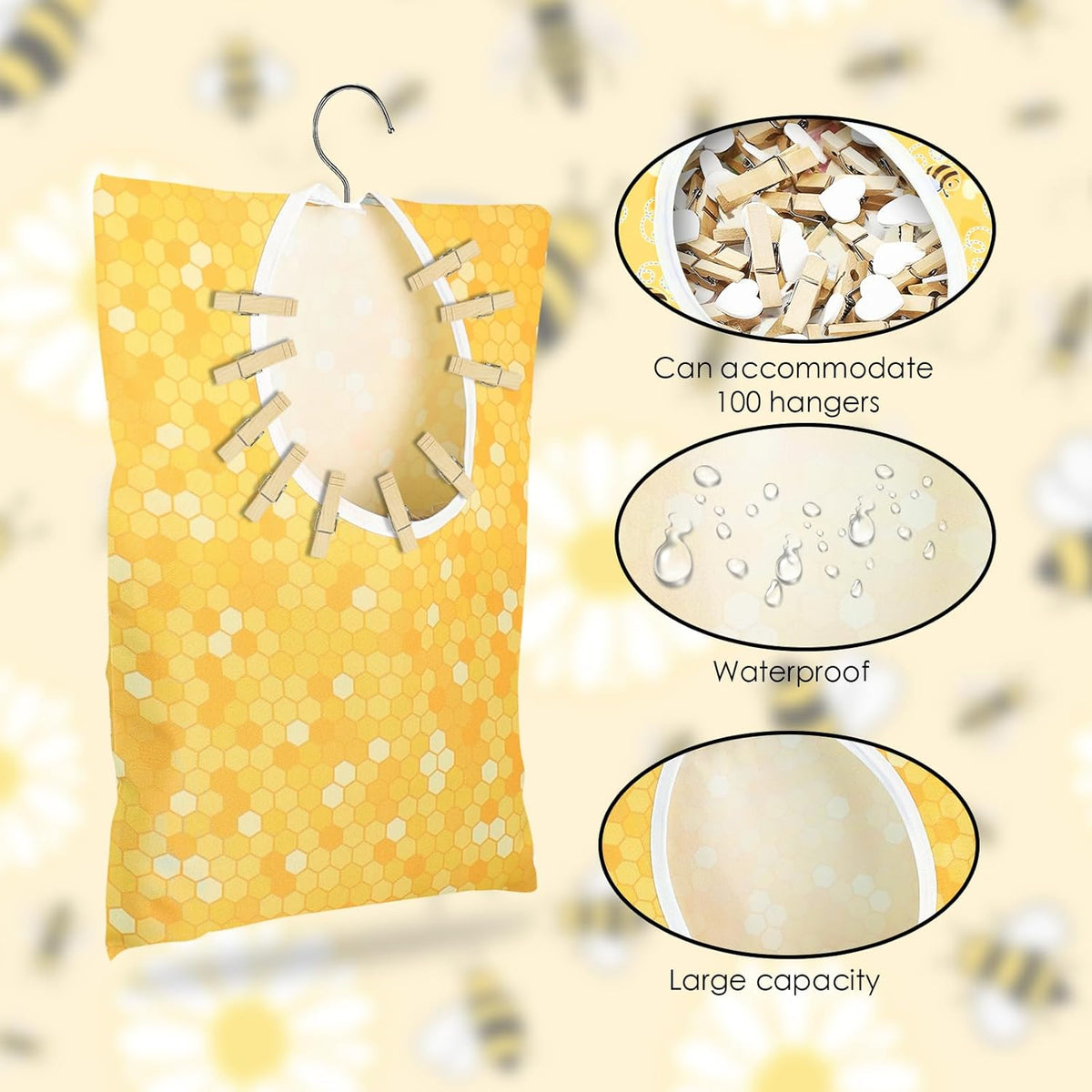 Bee Honeycomb Clothespin Holder - 2 Pcs Bee Clothes Pin Bags - 15 X 11 Inch - Clothes Hanging Bag