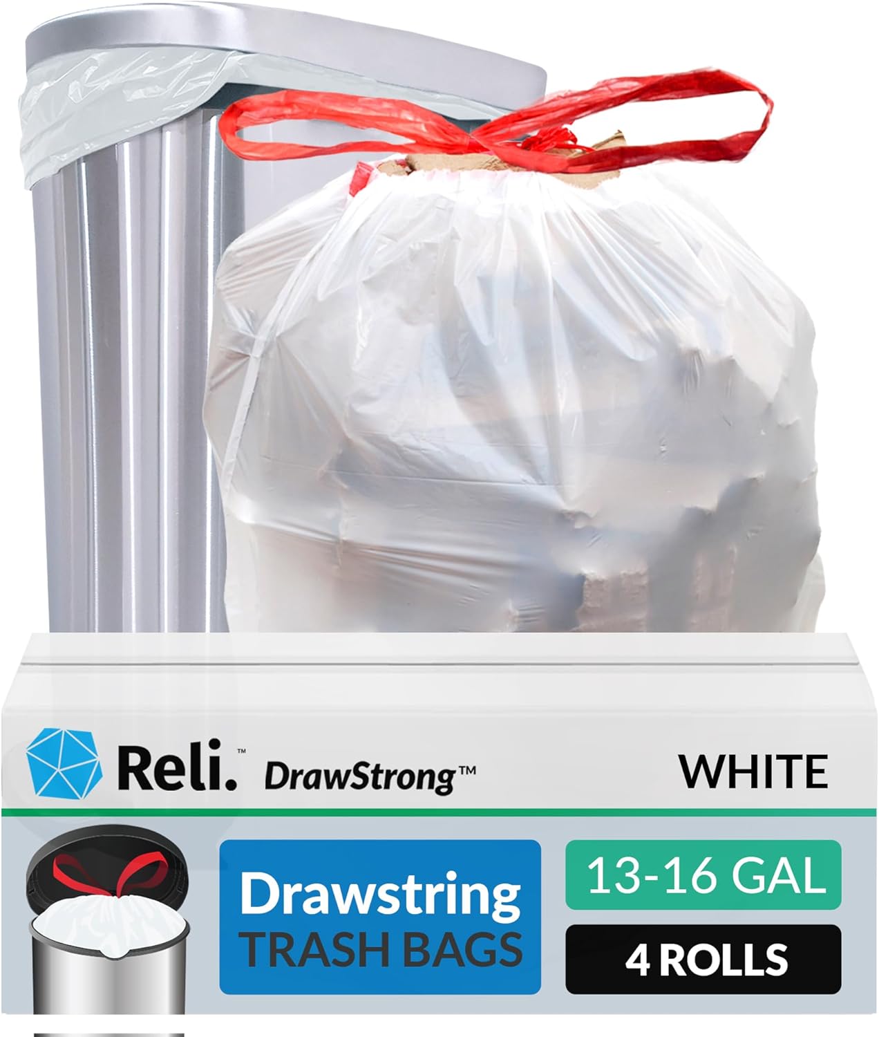 Reli. Tall Kitchen Drawstring Trash Bags 13 Gallon | 500 Count Bulk | Kitchen Garbage Bags | White