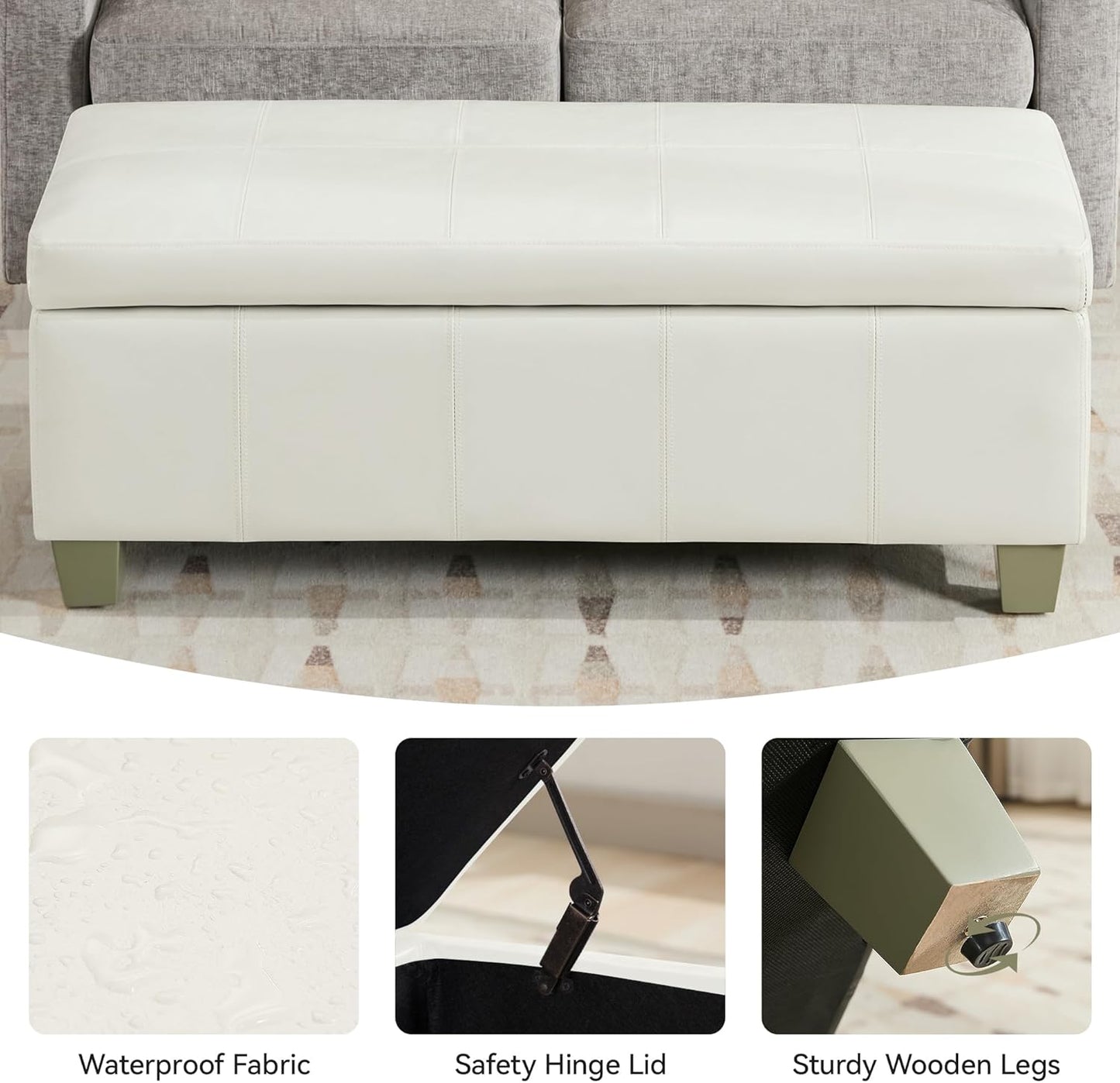 51" Faux Leather Storage Ottoman, Stitch Tufted Rectangle Upholstered End of Bed Storage Bench