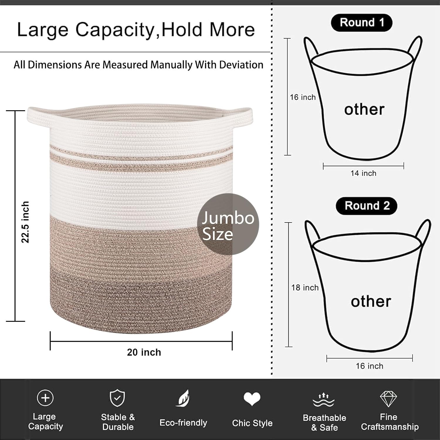 OIAHOMY 115L Laundry Baskets Hamper with Handles, Decorative Basket for Living room, Woven Storage