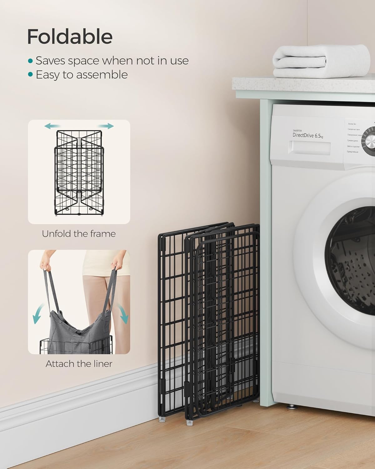 SONGMICS Laundry Hamper, 11 Gal. (50L) Laundry Basket, Collapsible Clothes Hamper, Removable and