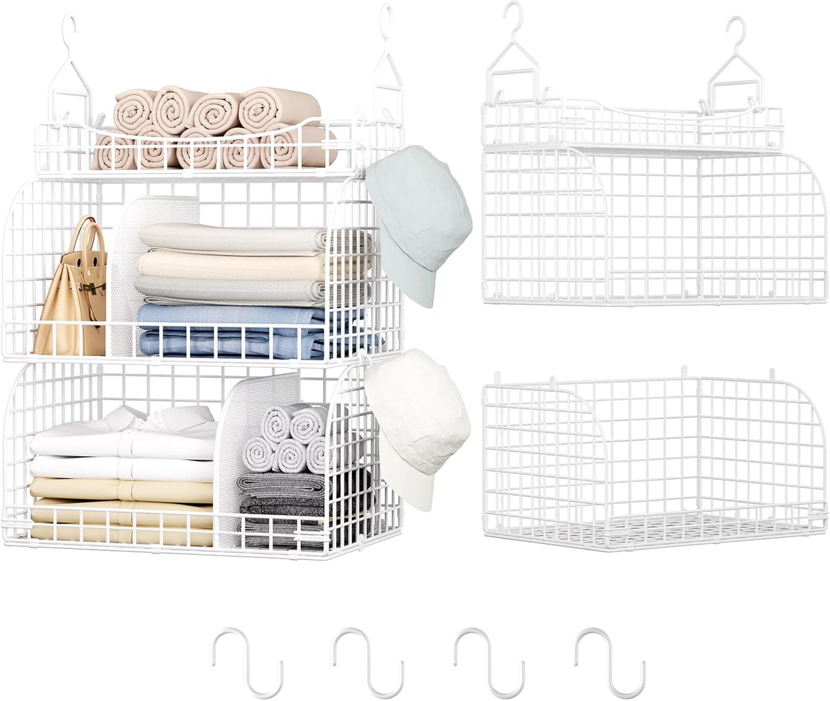HapiRm Hanging Closet Organizer Storage - 3 Tier Metal Stackable Hanging Closet Shelves with