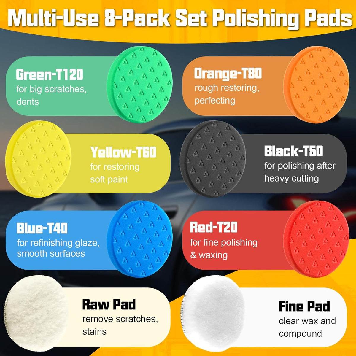 8 Pcs Buffing Polishing Pads, 6 Inch Polishing Pads, Car Compound Buffing Sponge Pads and Woolen