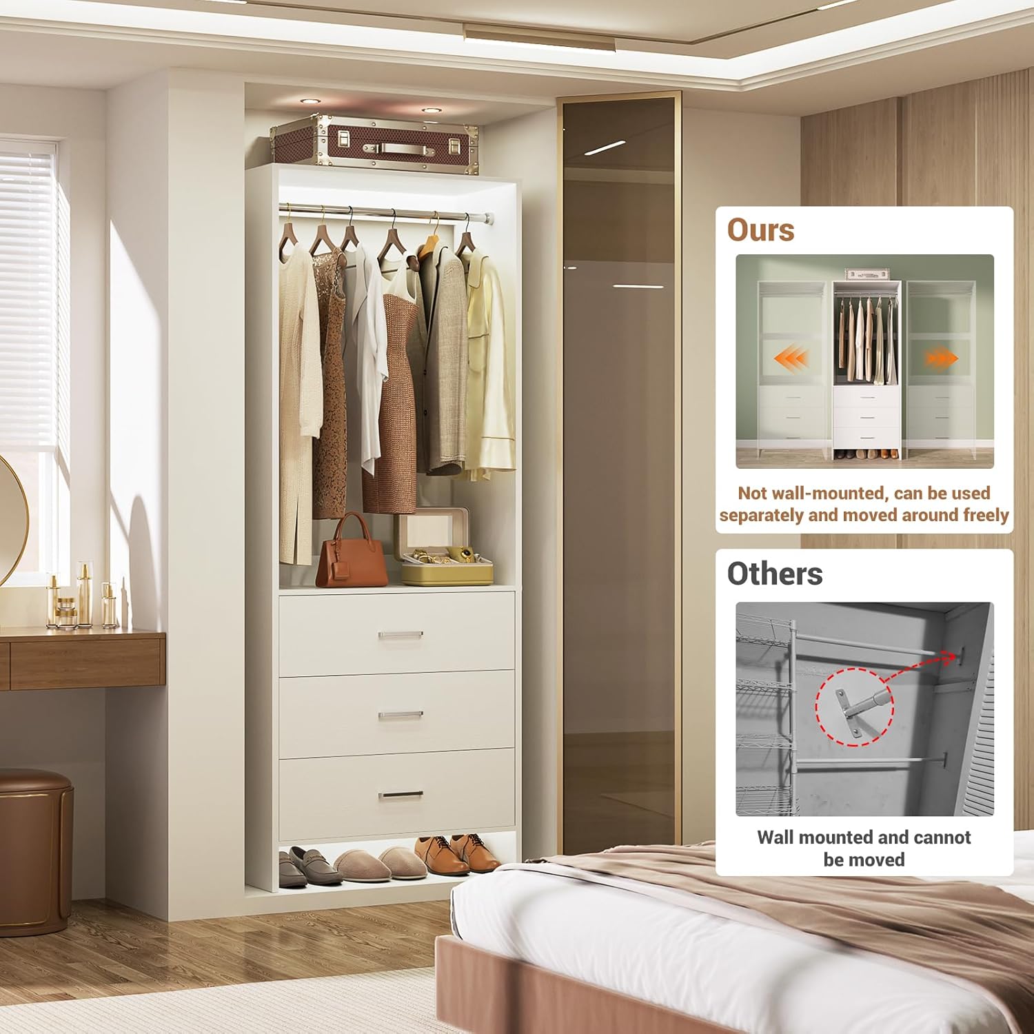 Aheaplus 2FT Closet System with 3 Drawers, 24’’ Closet Organizer, Wood Closet Organizer System