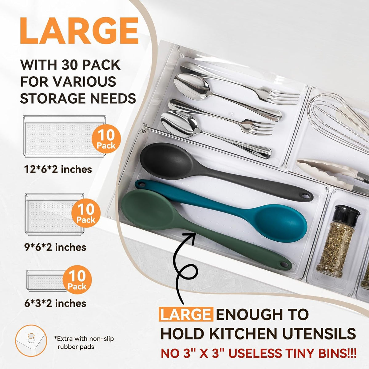Criusia 30 Pack Large Clear Plastic Drawer Organizer Bins - Acrylic Kitchen Drawer Organization and