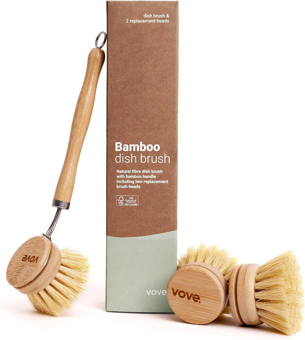 Vove Bamboo Dish Brush, FSC-Certified - Includes 3 Replacement Heads - Natural Fiber Bristles