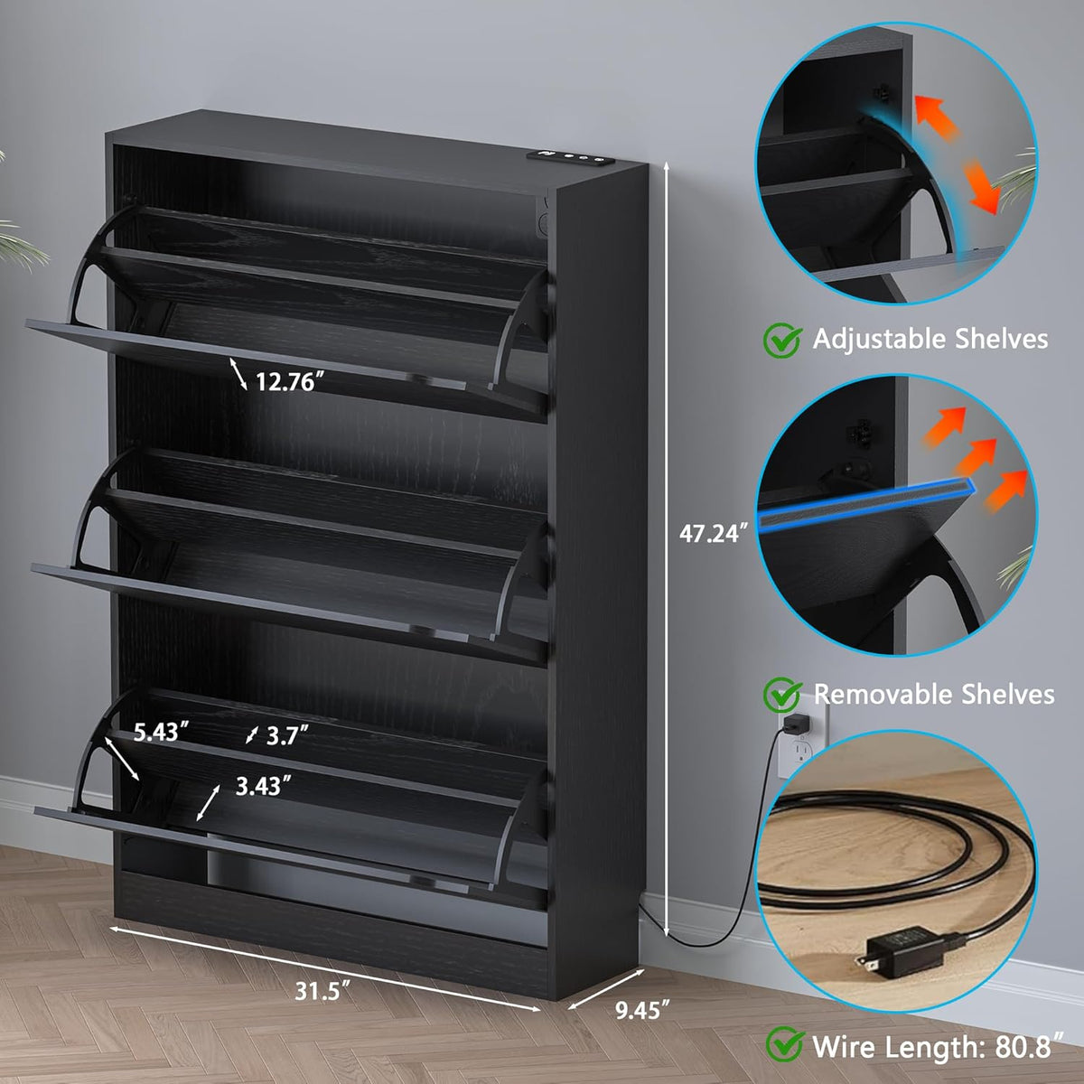 Shoe Cabinet with Odor Control and Back Panels, Deodorizing Slim 3-Flip Shoe Storage Cabinet for