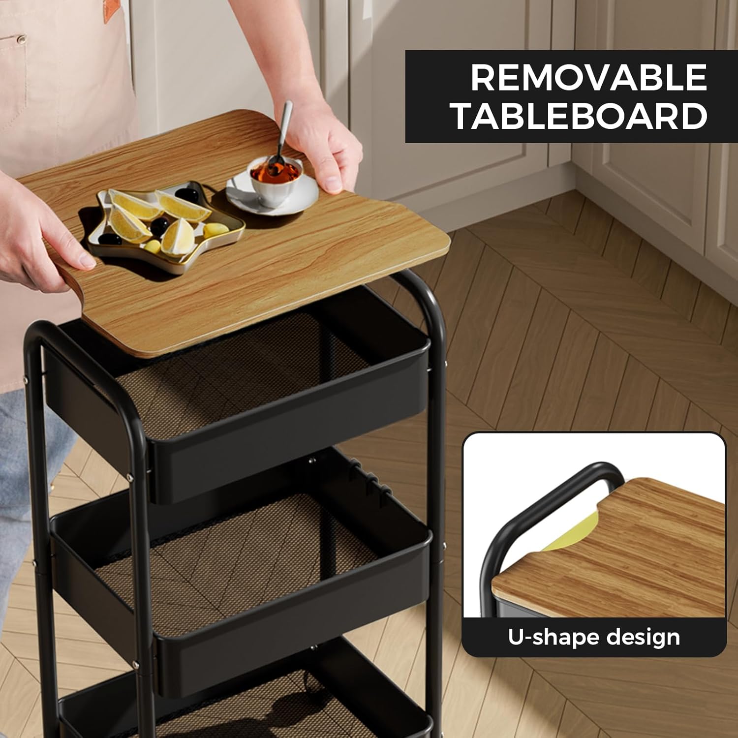 3 Tier Rolling Cart with Table top, Metal Utility Cart, Sturdy Storage Organizer Cart with Locking