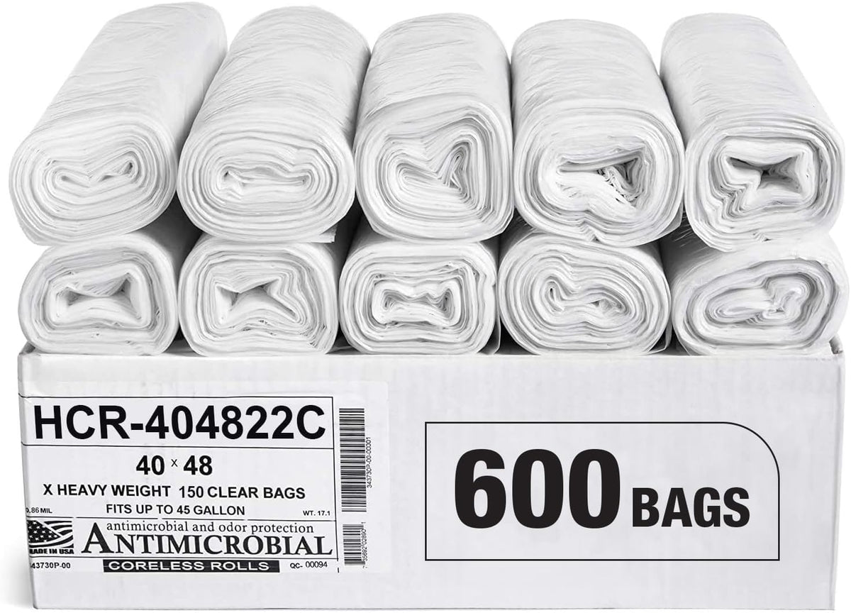 Aluf Plastics High Density Trash Bags, 45 Gallon, 600 Count, 22 Micron (eq), 40" x 48", Clear, for