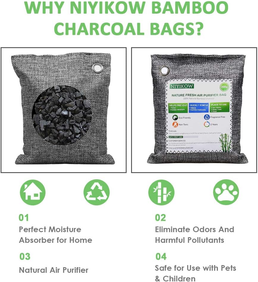 NIYIKOW Charcoal Bags Odor Absorber (Large, 4Pack x 200g), Nature Fresh Bamboo Charcoal Air