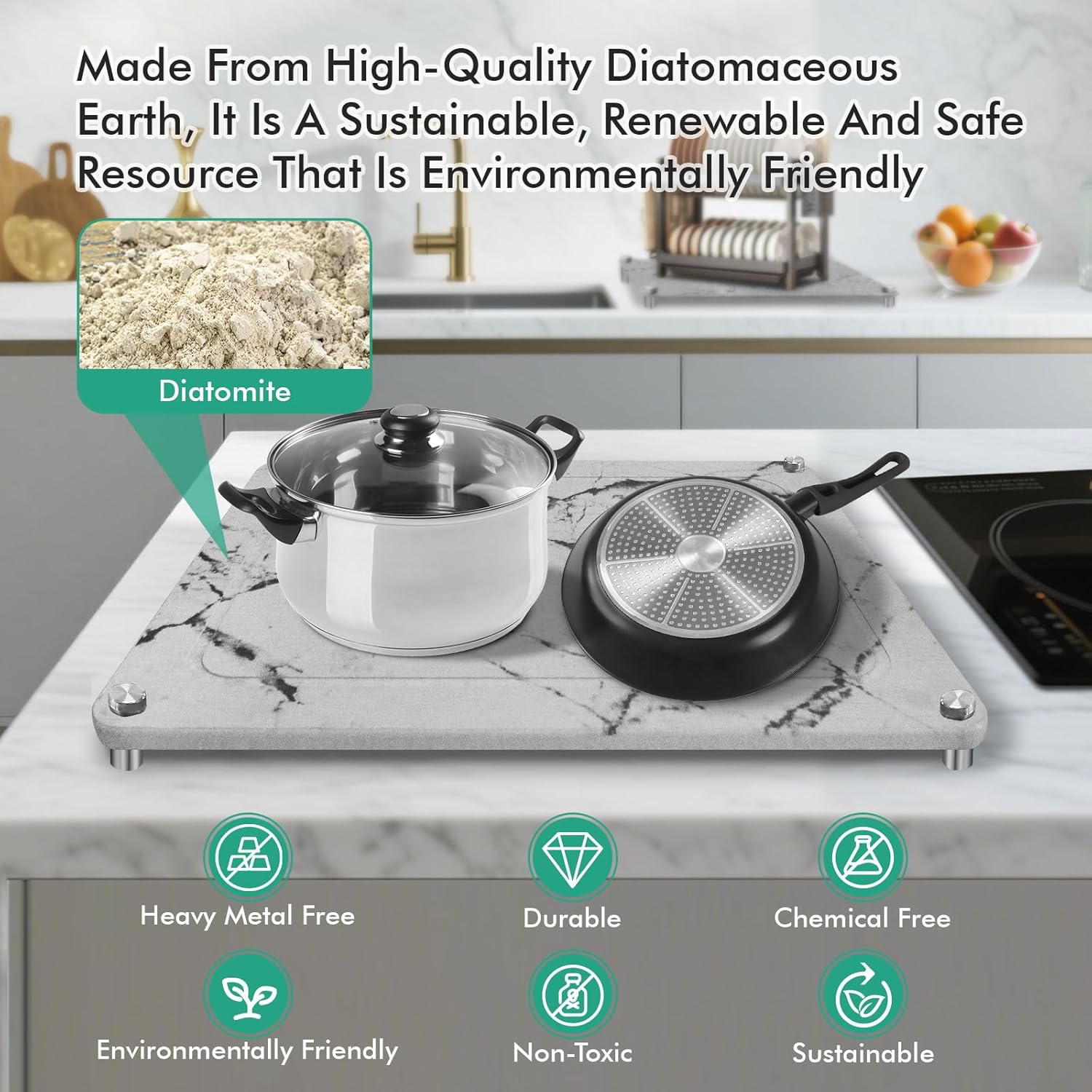 Stone Drying Mat For Kitchen Counter Superb Absorbent Diatomaceous Earth Mats with Non-Slip Feet