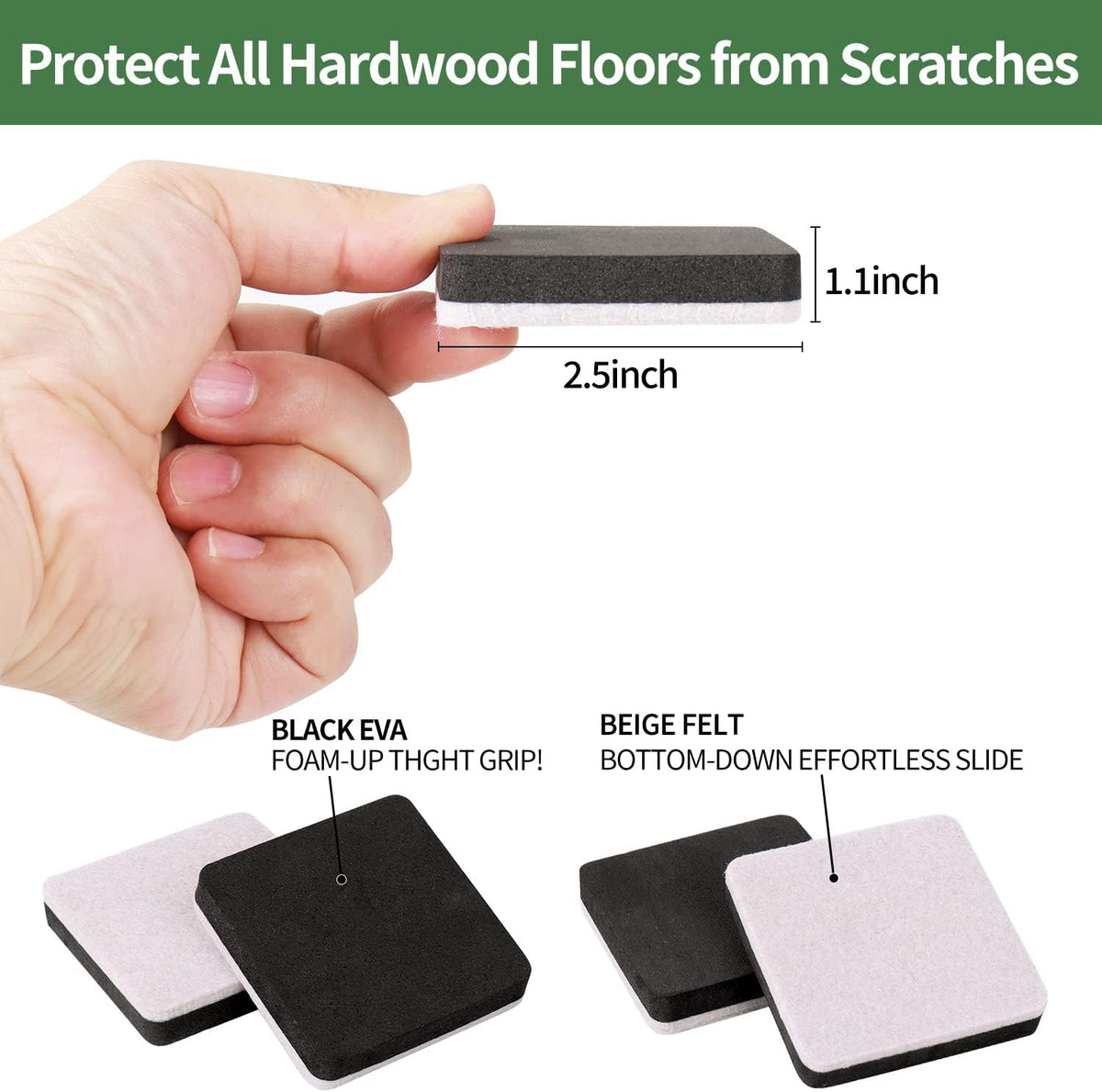 Ezprotekt 2.5" Square Felt Furniture Movers Sliders for Hardwood Floors, 24 Pcs Reusable Felt