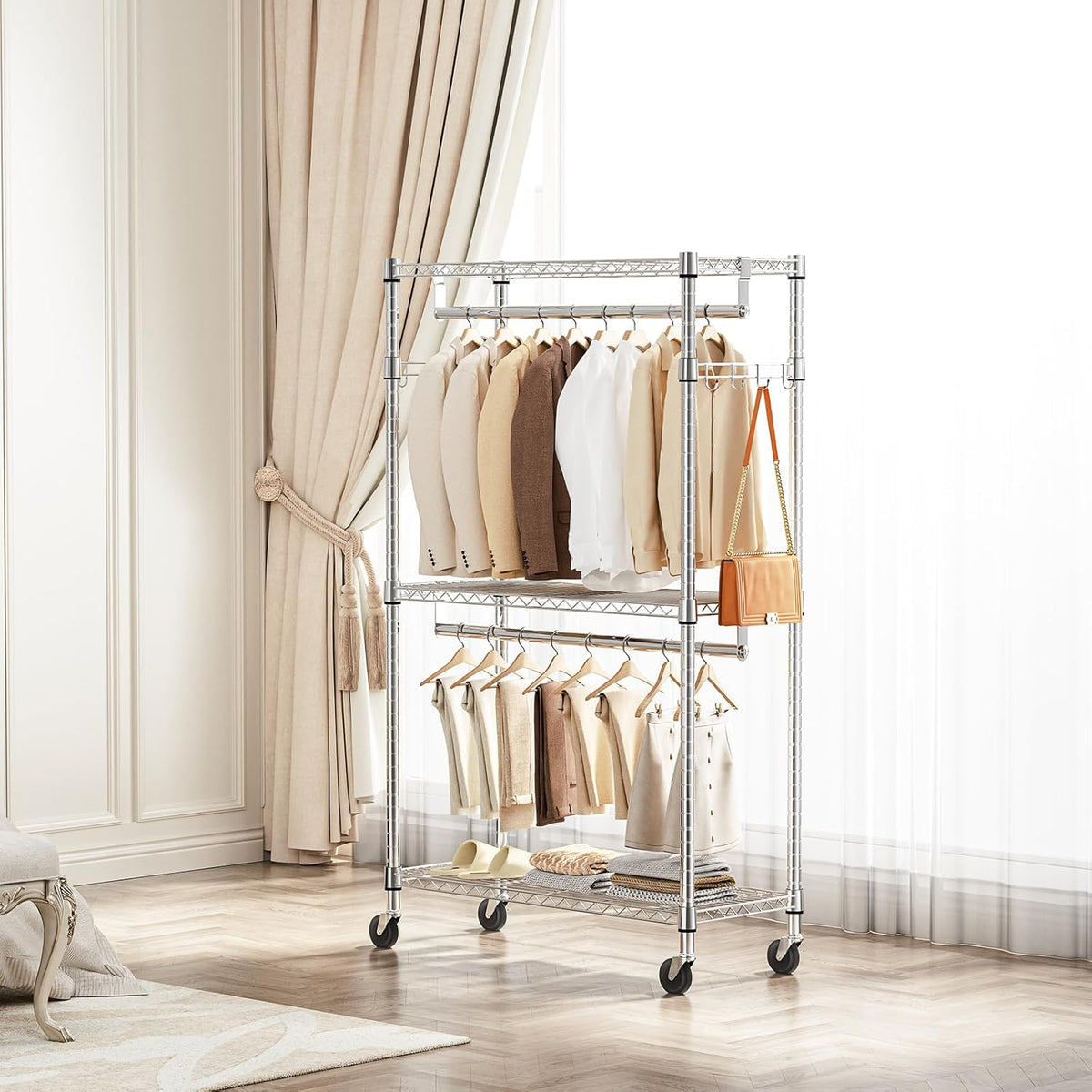 Heavy Duty Rolling Garment Rack 3 Tiers Adjustable Wire Shelving Clothes Rack with 2 Rods and Side