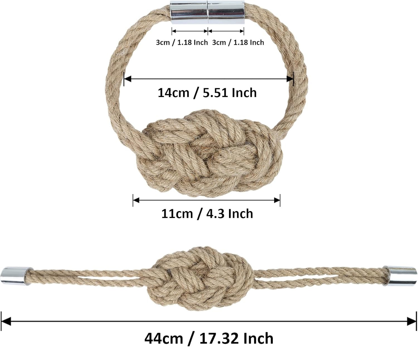 4 Pack Natural Jute Magnetic Curtain Tiebacks, Boho Rustic Style Decorative Curtain Ties Backs for