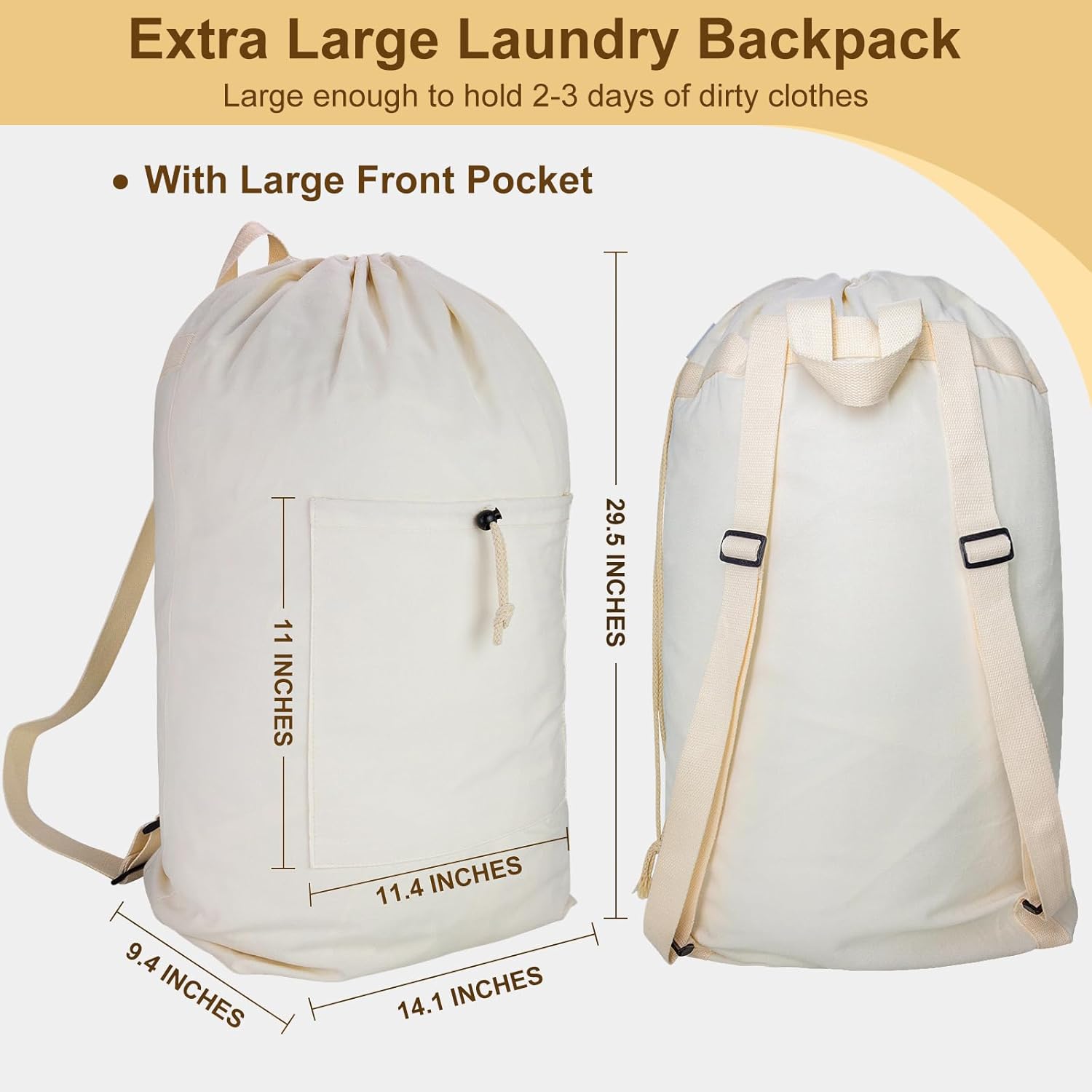 Laundry Bag Backpack, Canvas Laundry Bag with Straps & Drawstring Closure Washable Dirty Cloth