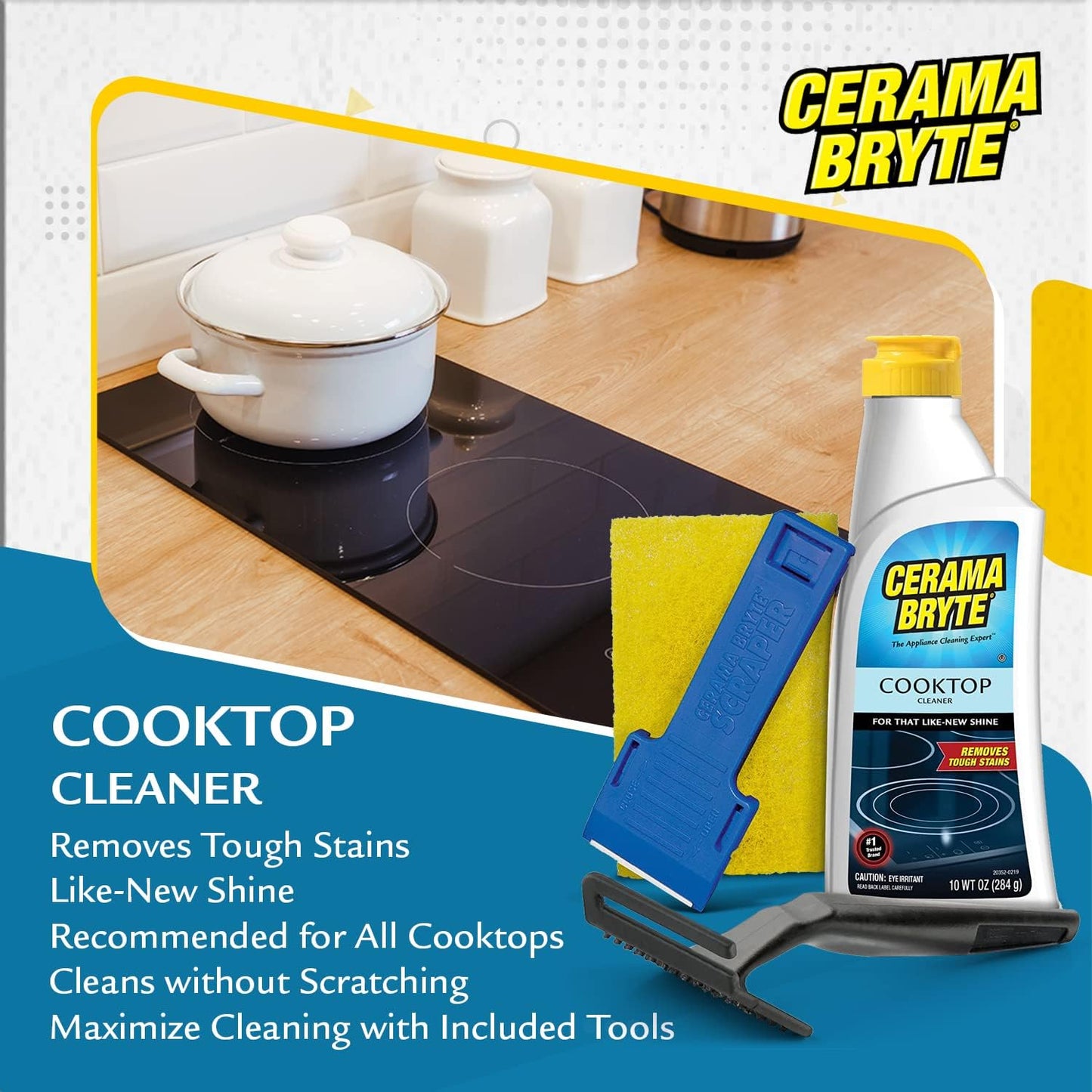 Cerama Bryte Glass Cooktop and Stove Top Cleaner Combo Kit - Includes Cleaning Tool, Razor, Scraper