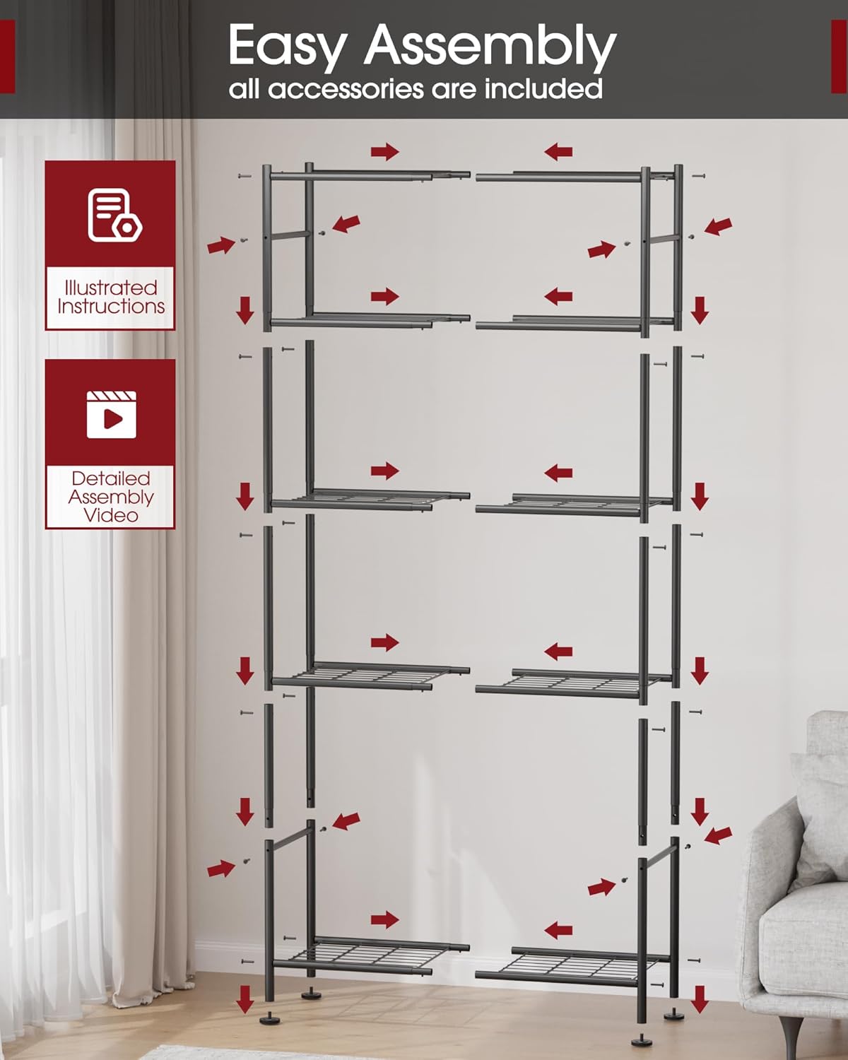 Storage Shelves - 5 Tier Shelf Organizer, Sturdy Metal Garage Shelving with Adjustable Leveling