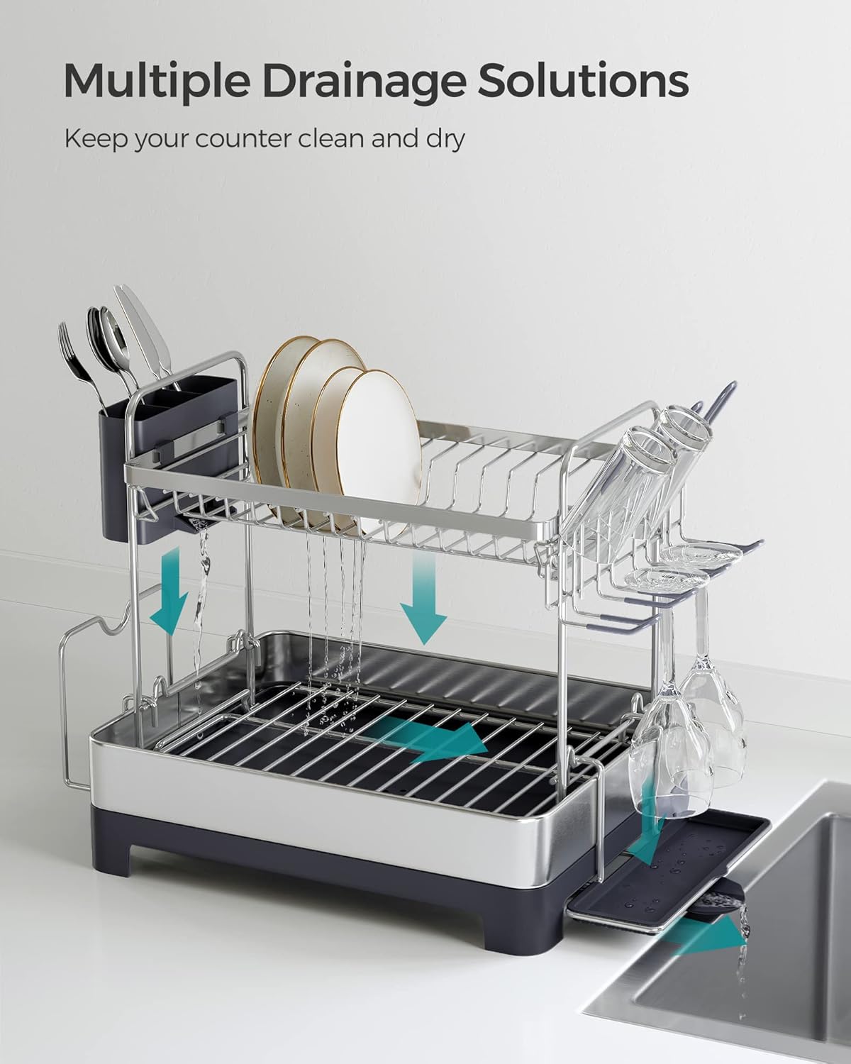 SONGMICS Dish Drying Rack - 2 Tier Dish Rack for Kitchen Counter with Rotatable and Extendable